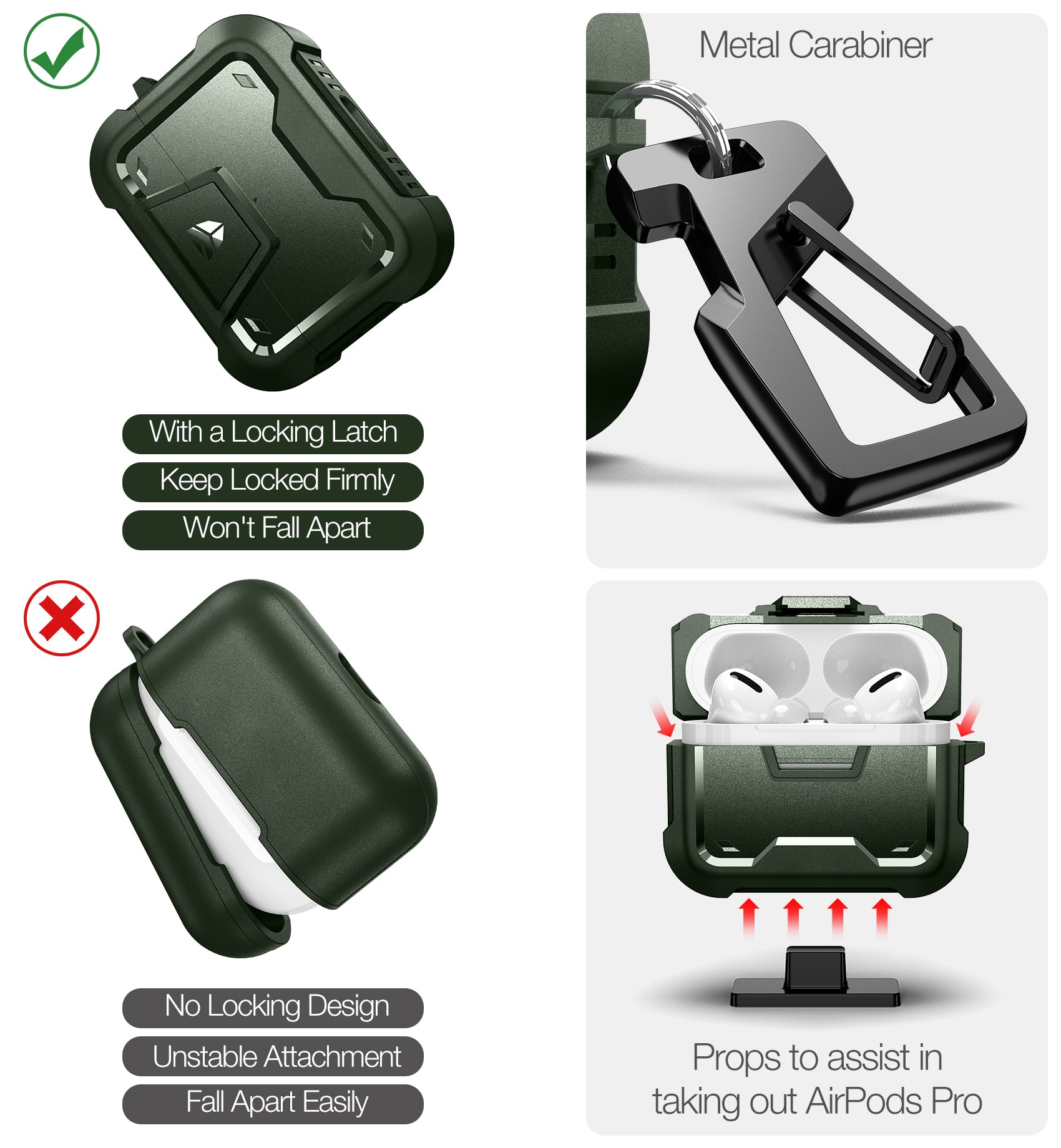 Dexnor Earphone Case for AirPods Pro 2019 with Secure Lock and Carabiner Full Body Bumper Shockproof Rugged Cover
