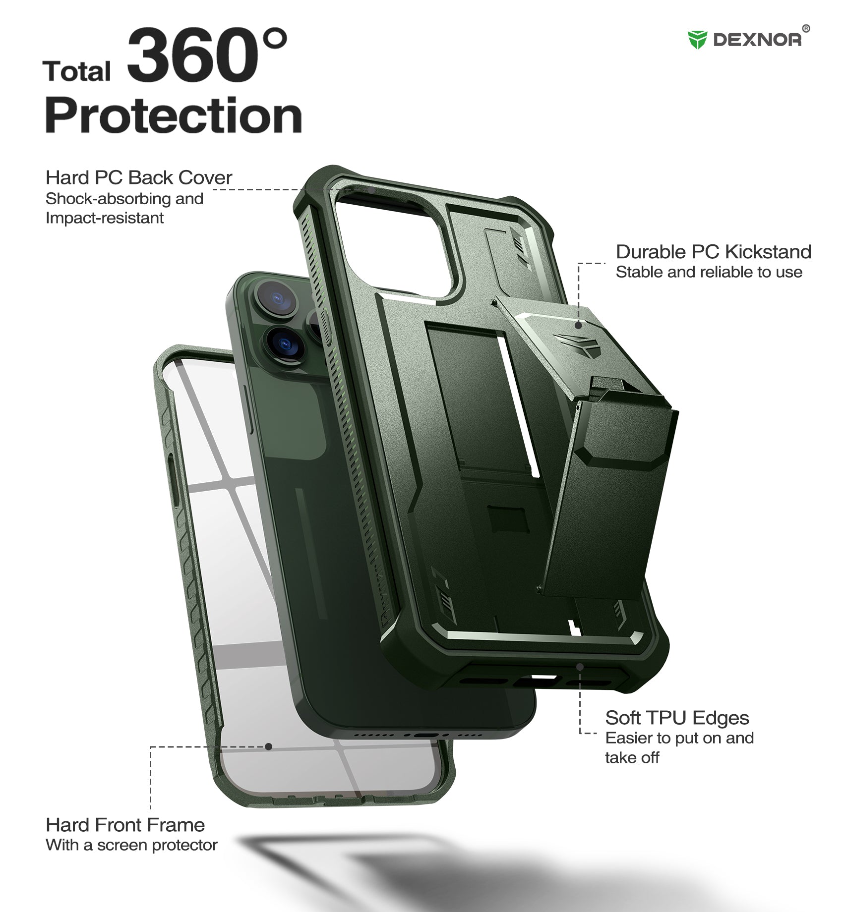 Dexnor for iphone 13 Pro Max Case With Heavy-duty Shockproof Full Body Built-in Screen Protector Adjustable Kickstand