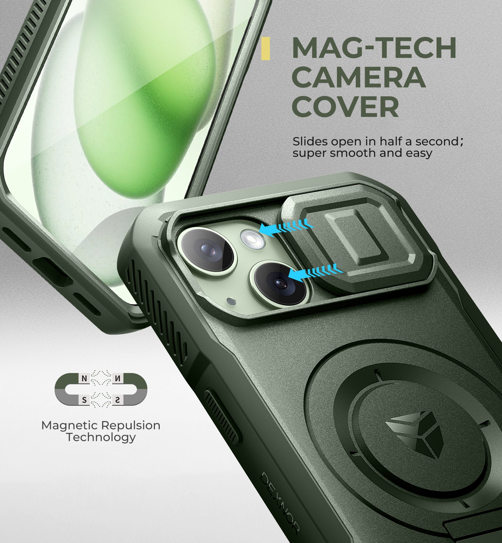 Dexnor Durable Case for iPhone 15 with Built In Screen Protector and Slide Camera Cover 360 Magsafe Rugged Bumper Cover