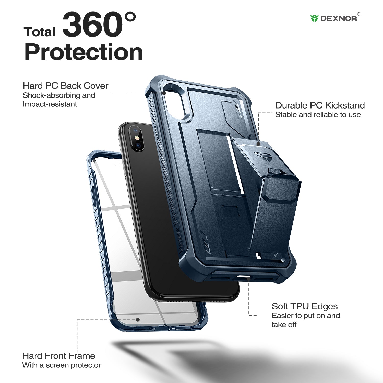 Dexnor Case for iPhone X/XS With Screen Protector Full Body Bumper Kickstand Heavy-duty Shockproof Rugged Cover.