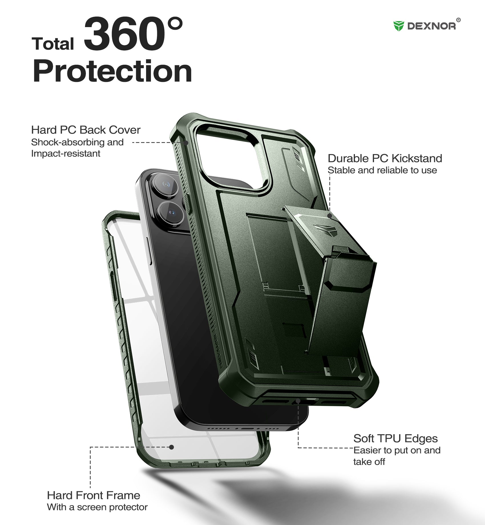 Dexnor for iphone 14 Pro Max Case  Heavy-duty Shockproof Full Body Built-in Screen Protector Adjustable Kickstand