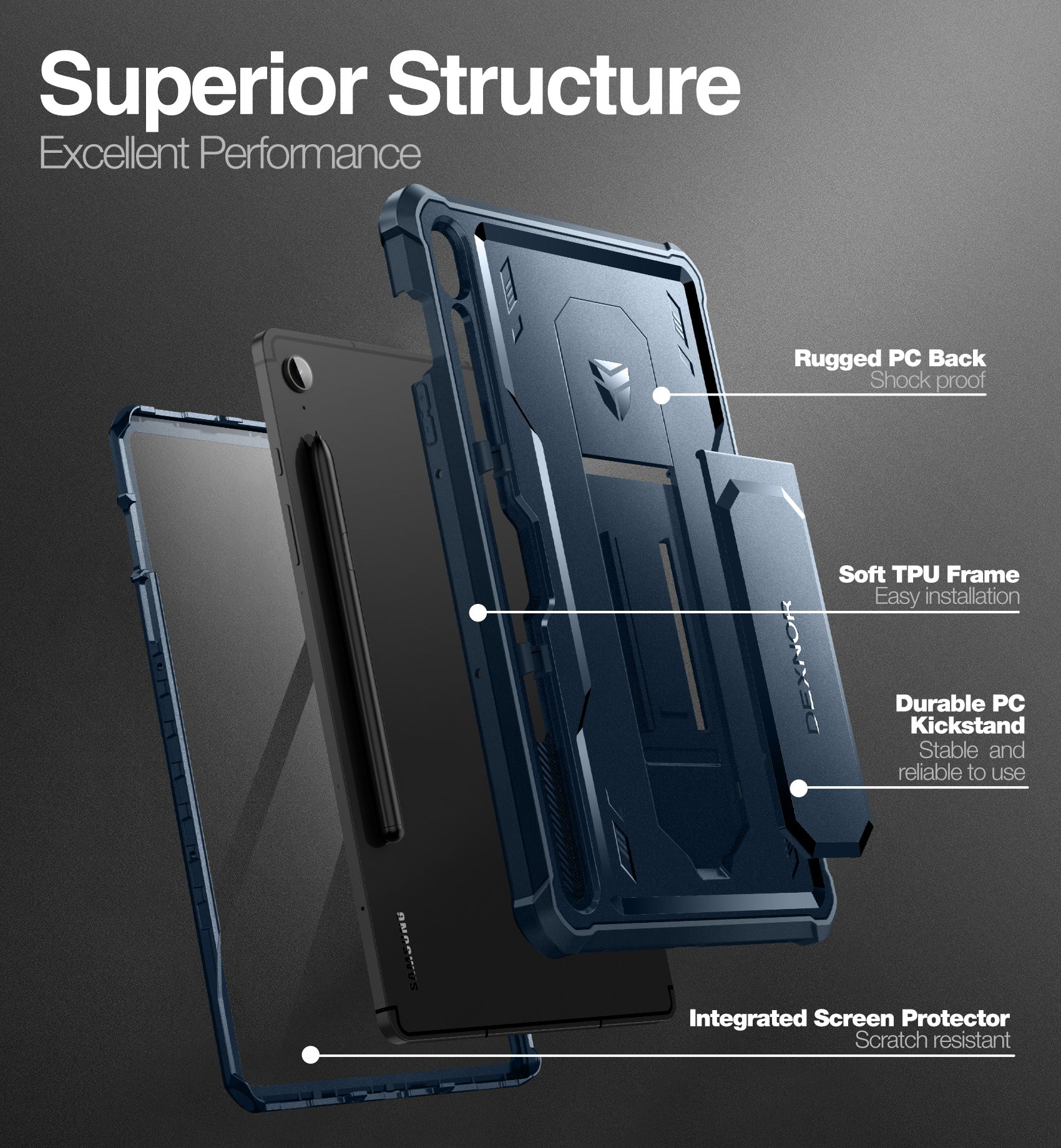 Dexnor Tablet Case for Samsung Galaxy Tab S9 FE With Screen Protector Full Body Bumper Kickstand Heavy-duty Shockproof Rugged Pen Holder Cover.