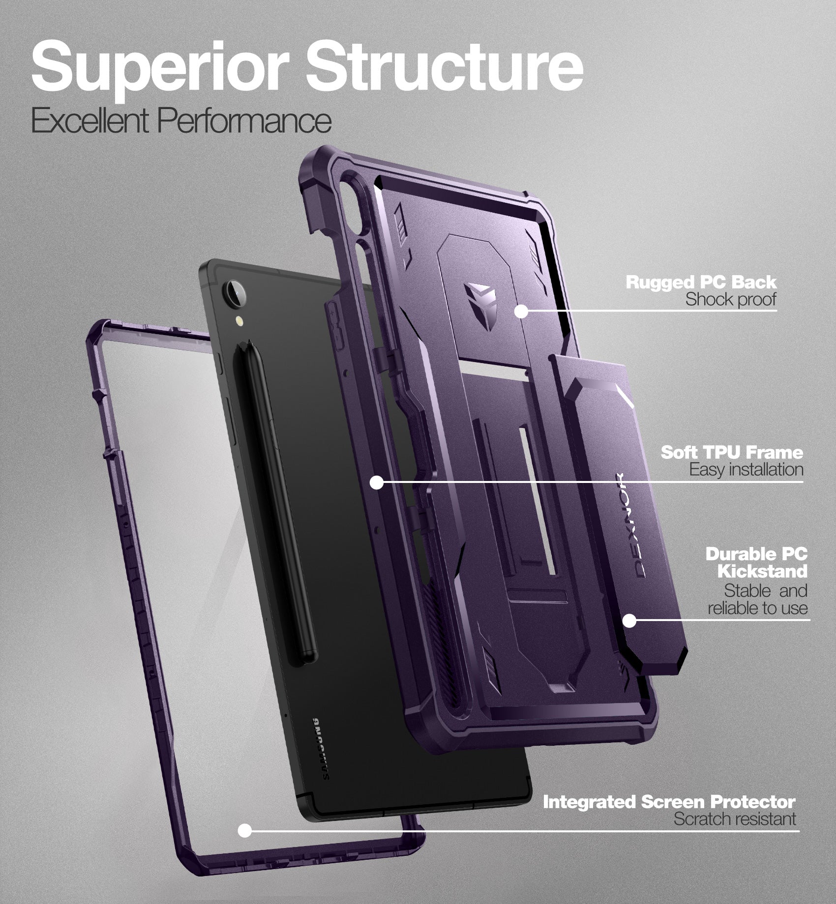 Dexnor Tablet Case for Samsung Galaxy Tab S9 With Screen Protector Full Body Bumper Kickstand Heavy-duty Shockproof Rugged Pen Holder Cover.