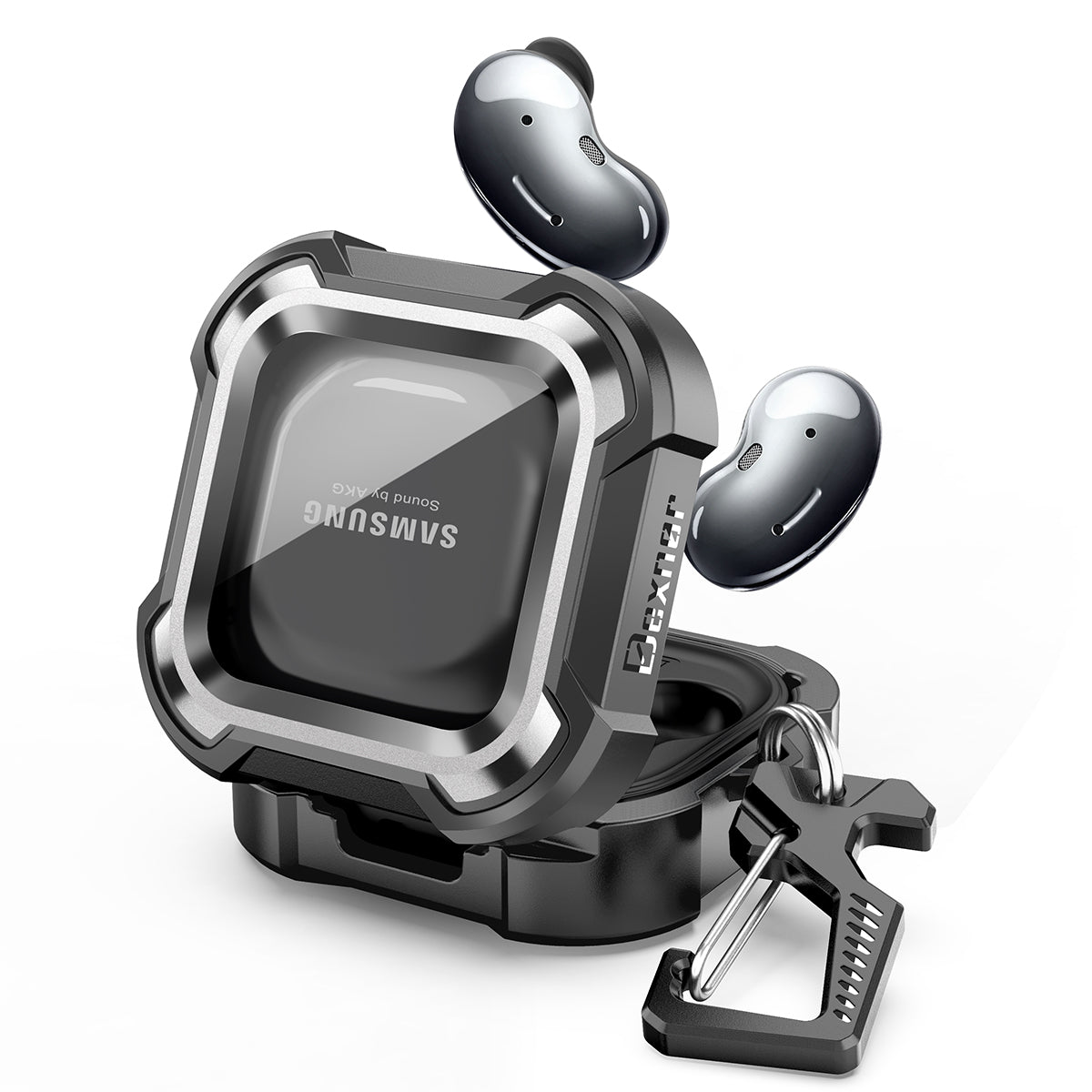 Dexnor Earphone Case For Samsung Galaxy Buds Live / Pro / Buds2 / Buds2 Pro /FE(2023) with Secure Lock and Carabiner Full Body Bumper Shockproof Rugged Cover Electroplating version.