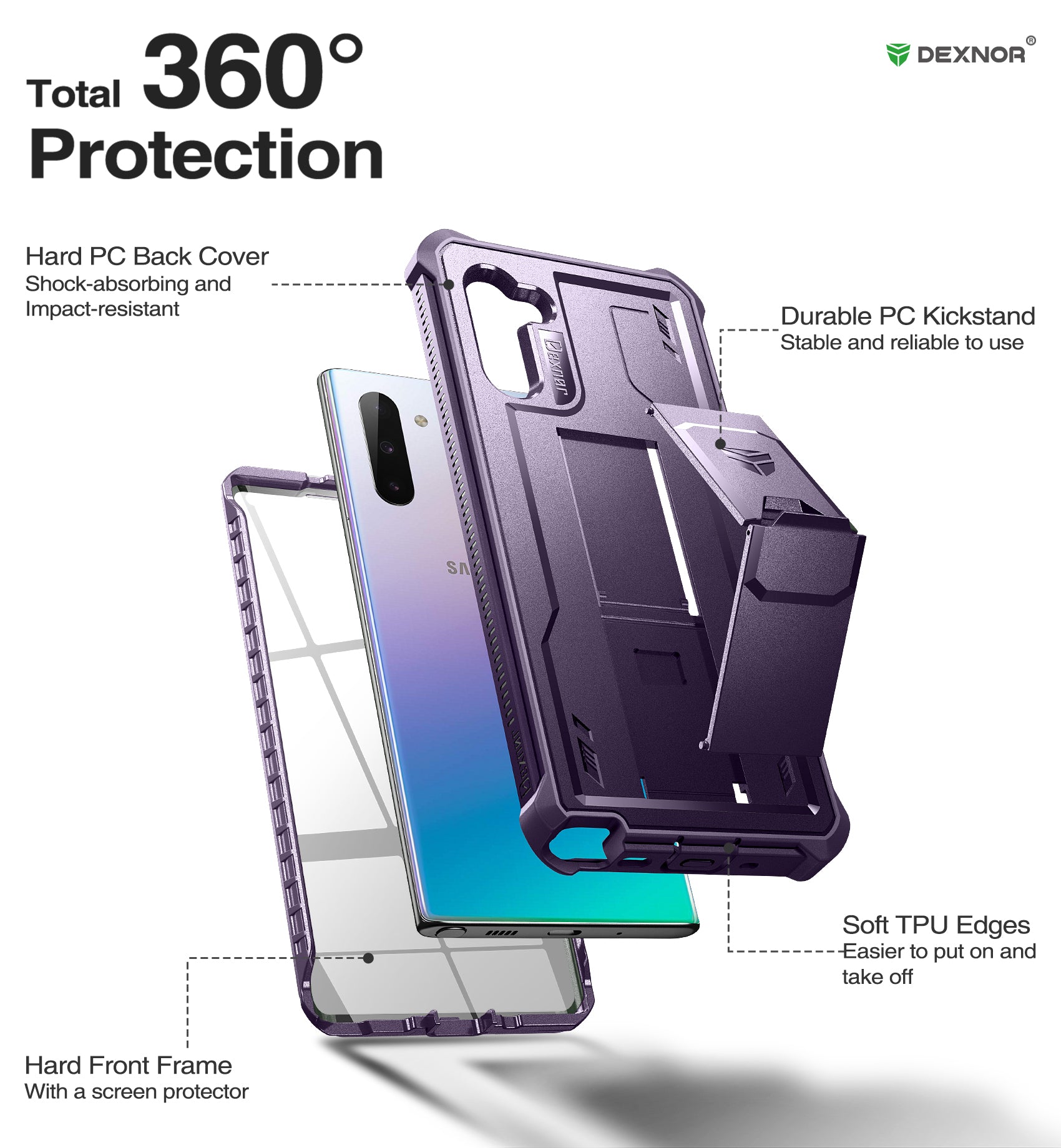 Dexnor Case for Samsung Galaxy Note 10 With Single Screen Protector Full Body Bumper Kickstand Heavy-duty Shockproof Rugged Military Grade Cover.