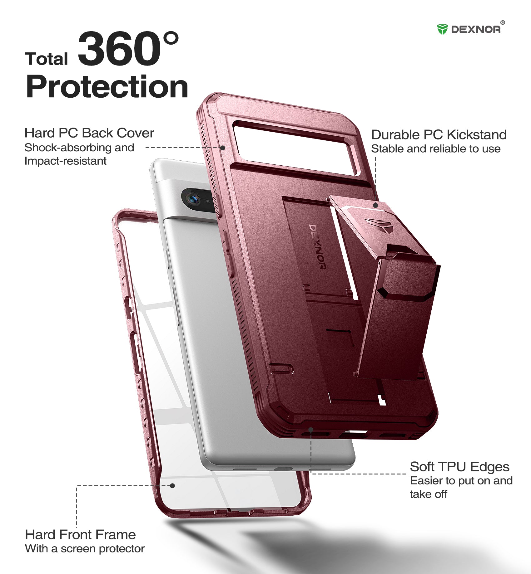 Dexnor Case for Google Pixel 7 Pro With Screen Protector Full Body Bumper Kickstand Heavy-duty Shockproof Rugged Cover.