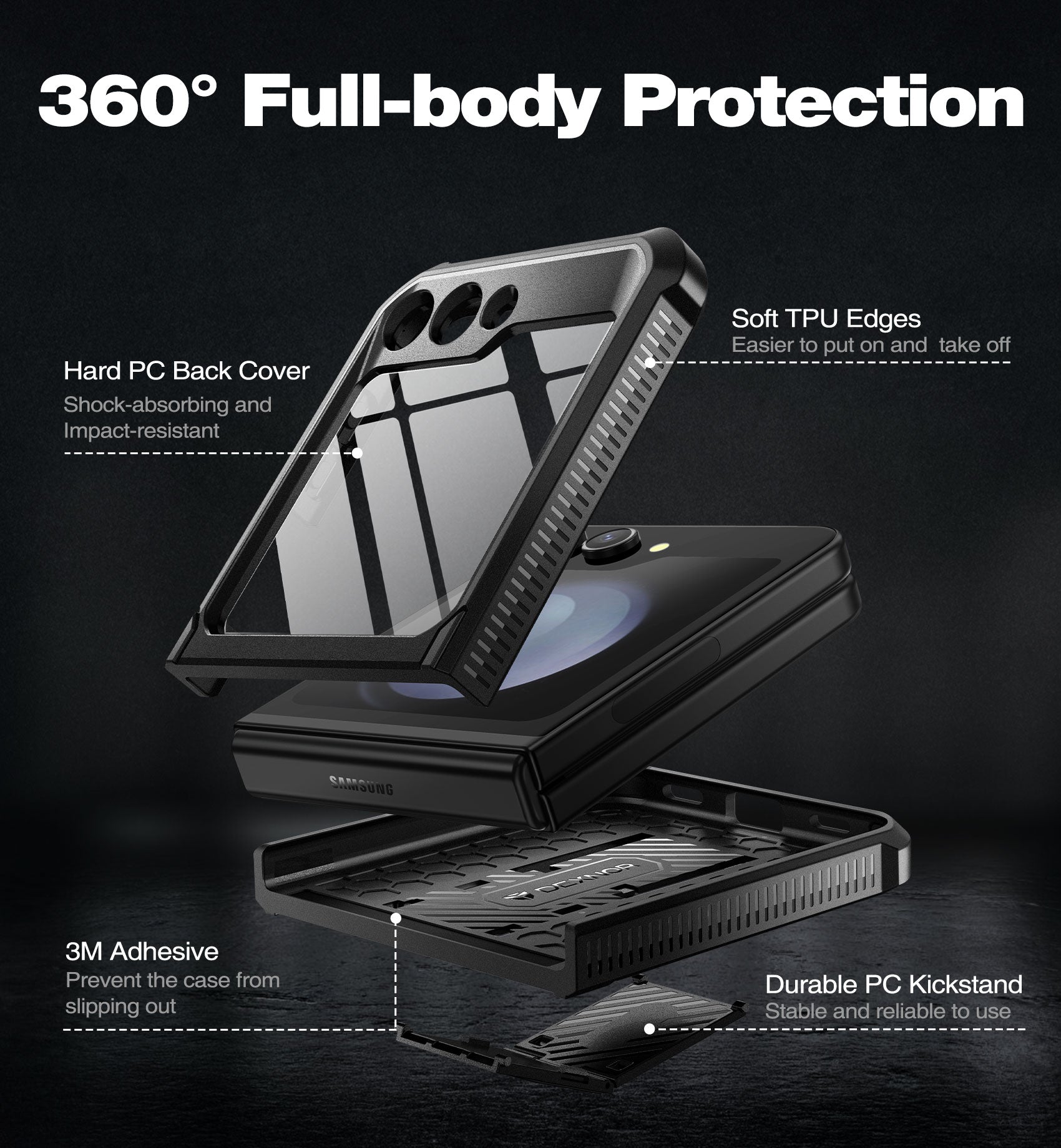 Dexnor Case for Samsung Galaxy Z Flip 5 Hinge Coverage With Screen Protector Full Body Bumper Kickstand Hinge Coverage Shockproof Rugged Cover