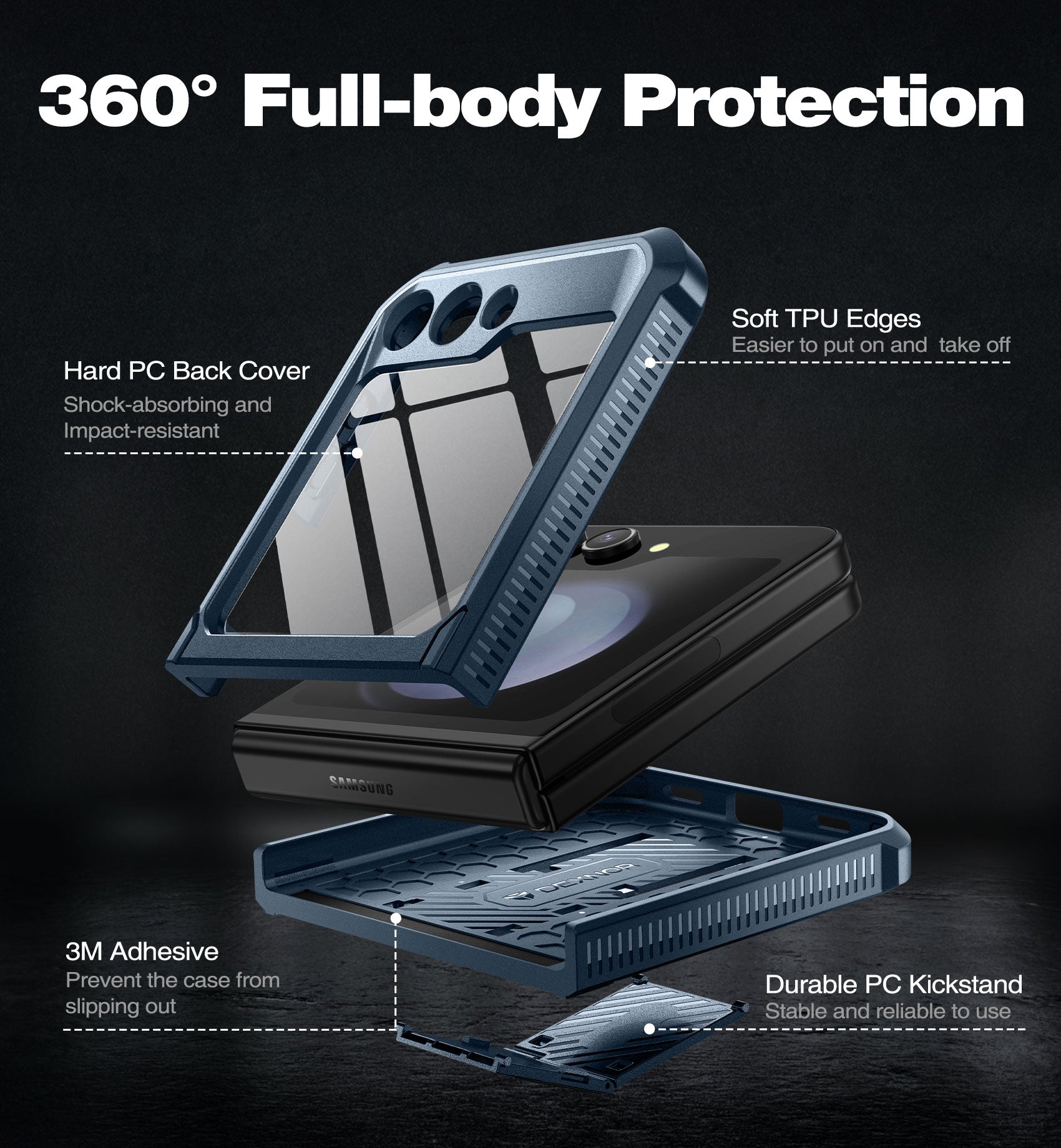 Dexnor Case for Samsung Galaxy Z Flip 5 Hinge Coverage With Screen Protector Full Body Bumper Kickstand Hinge Coverage Shockproof Rugged Cover