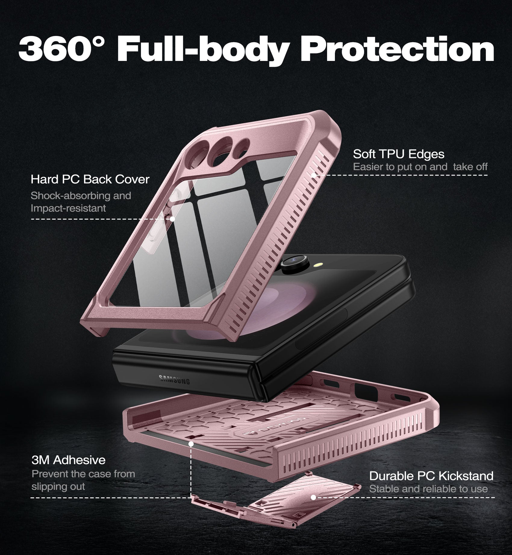 Dexnor Case for Samsung Galaxy Z Flip 5 Hinge Coverage With Screen Protector Full Body Bumper Kickstand Hinge Coverage Shockproof Rugged Cover