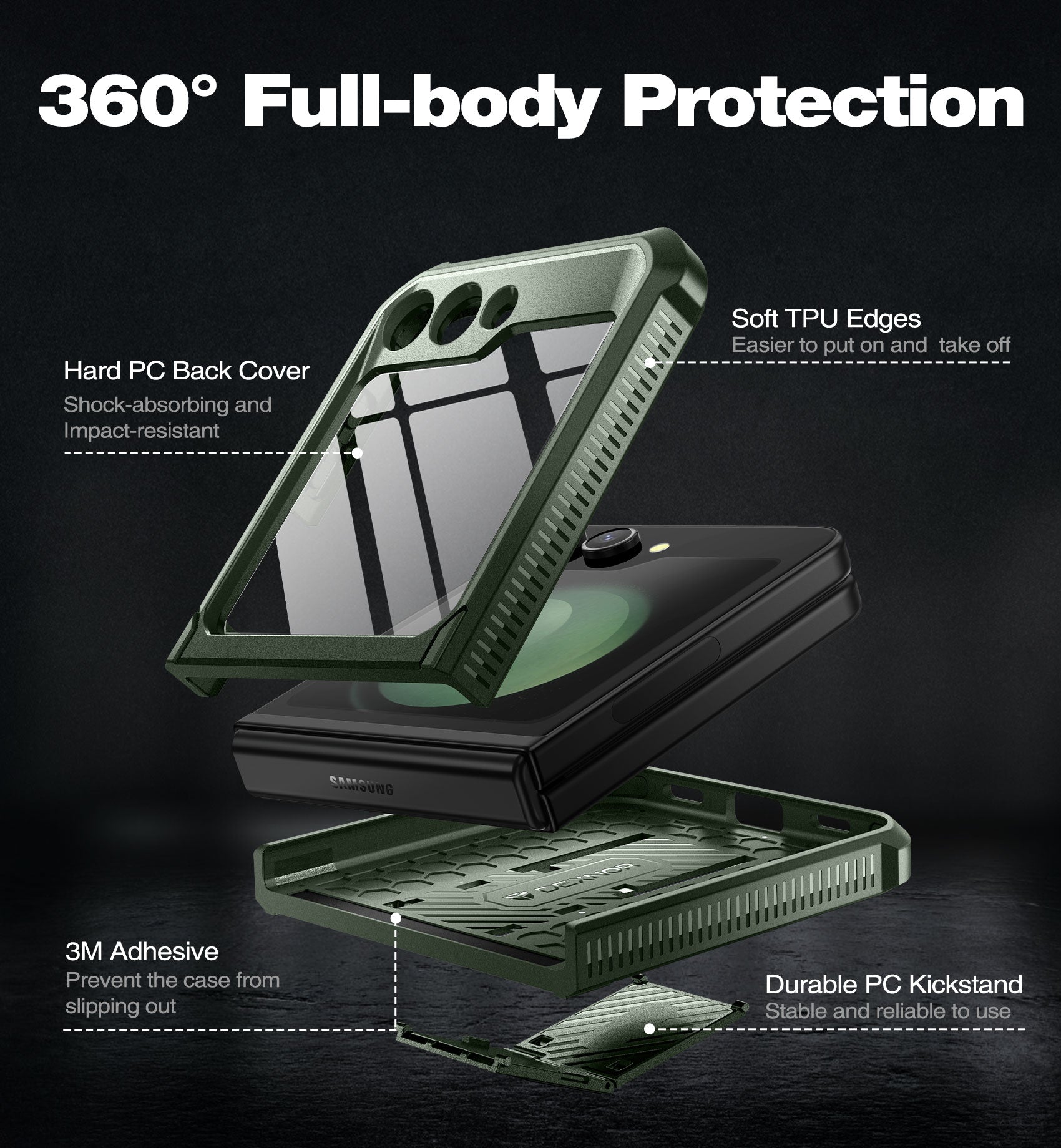 Dexnor Case for Samsung Galaxy Z Flip 5 Hinge Coverage With Screen Protector Full Body Bumper Kickstand Hinge Coverage Shockproof Rugged Cover