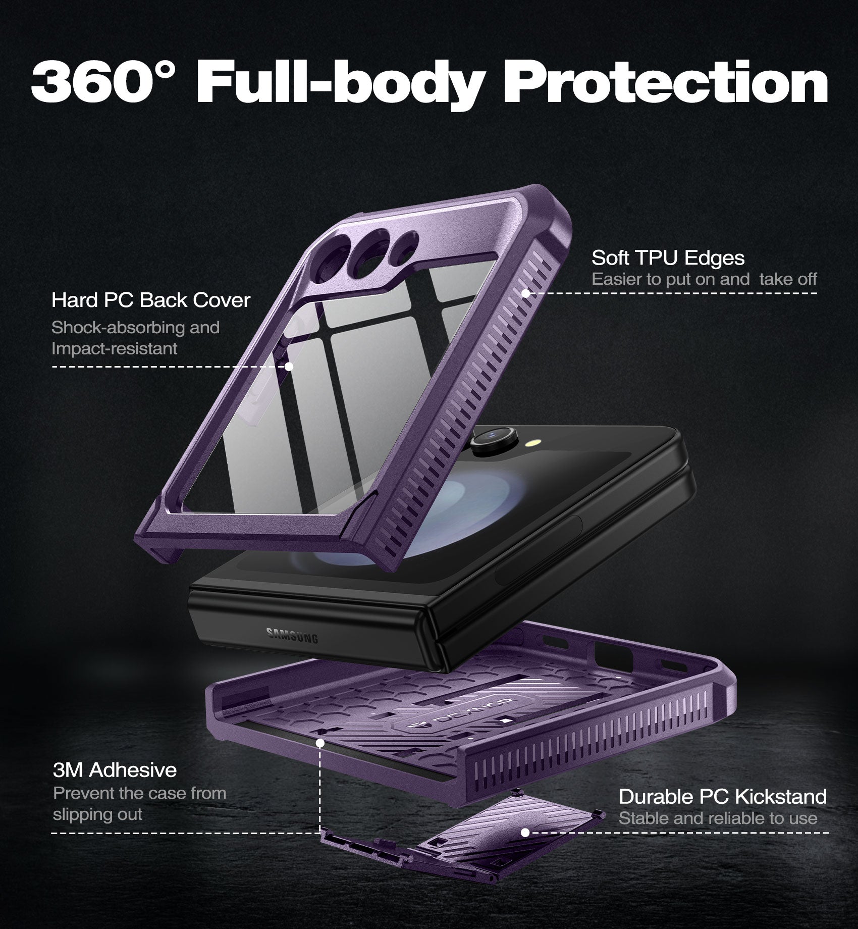 Dexnor Case for Samsung Galaxy Z Flip 5 Hinge Coverage With Screen Protector Full Body Bumper Kickstand Hinge Coverage Shockproof Rugged Cover