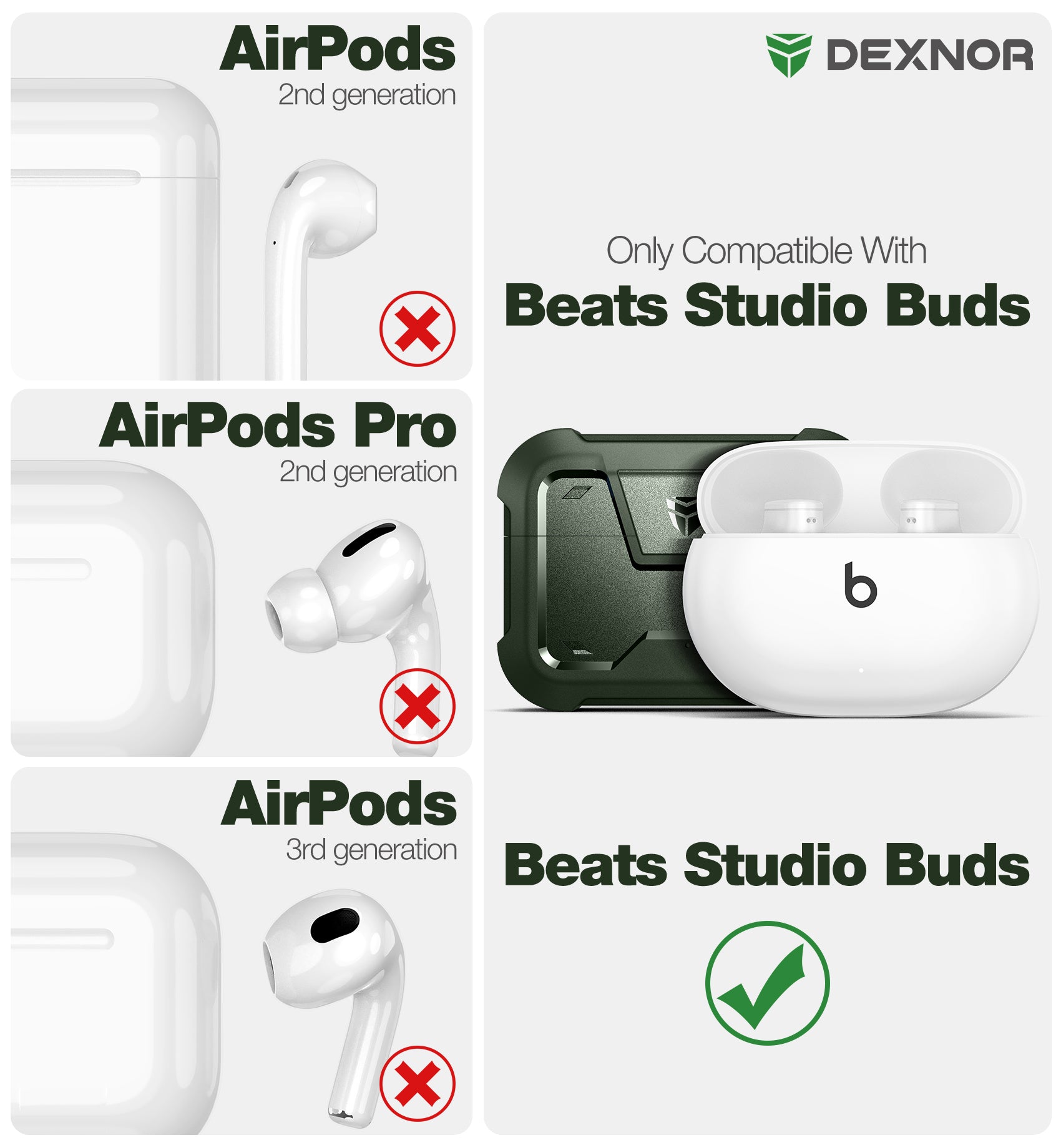 Dexnor Earphone Case for Beats Studio Buds 2021/Buds + 2023 with Secure Lock and Carabiner Full Body Bumper Shockproof Rugged Cover