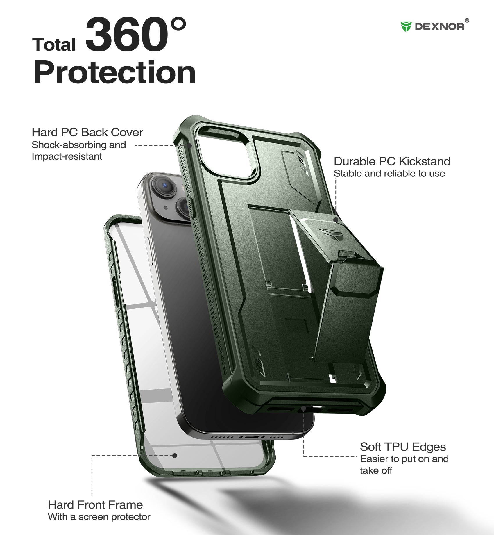 Dexnor for iphone 14 Plus Case With Heavy-duty Shockproof Full Body Built-in Screen Protector Adjustable Kickstand