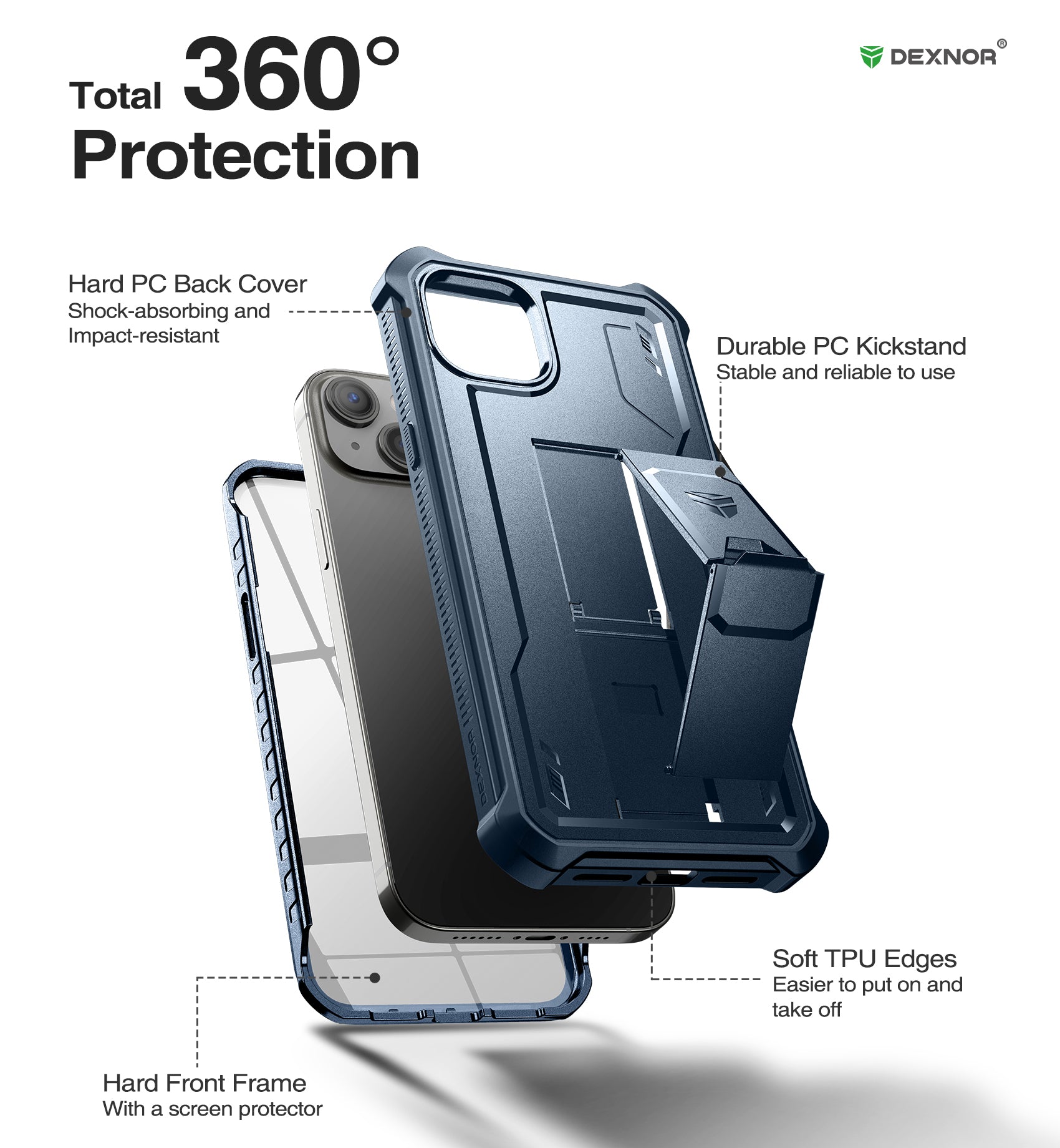 Dexnor for iphone 14 Plus Case With Heavy-duty Shockproof Full Body Built-in Screen Protector Adjustable Kickstand