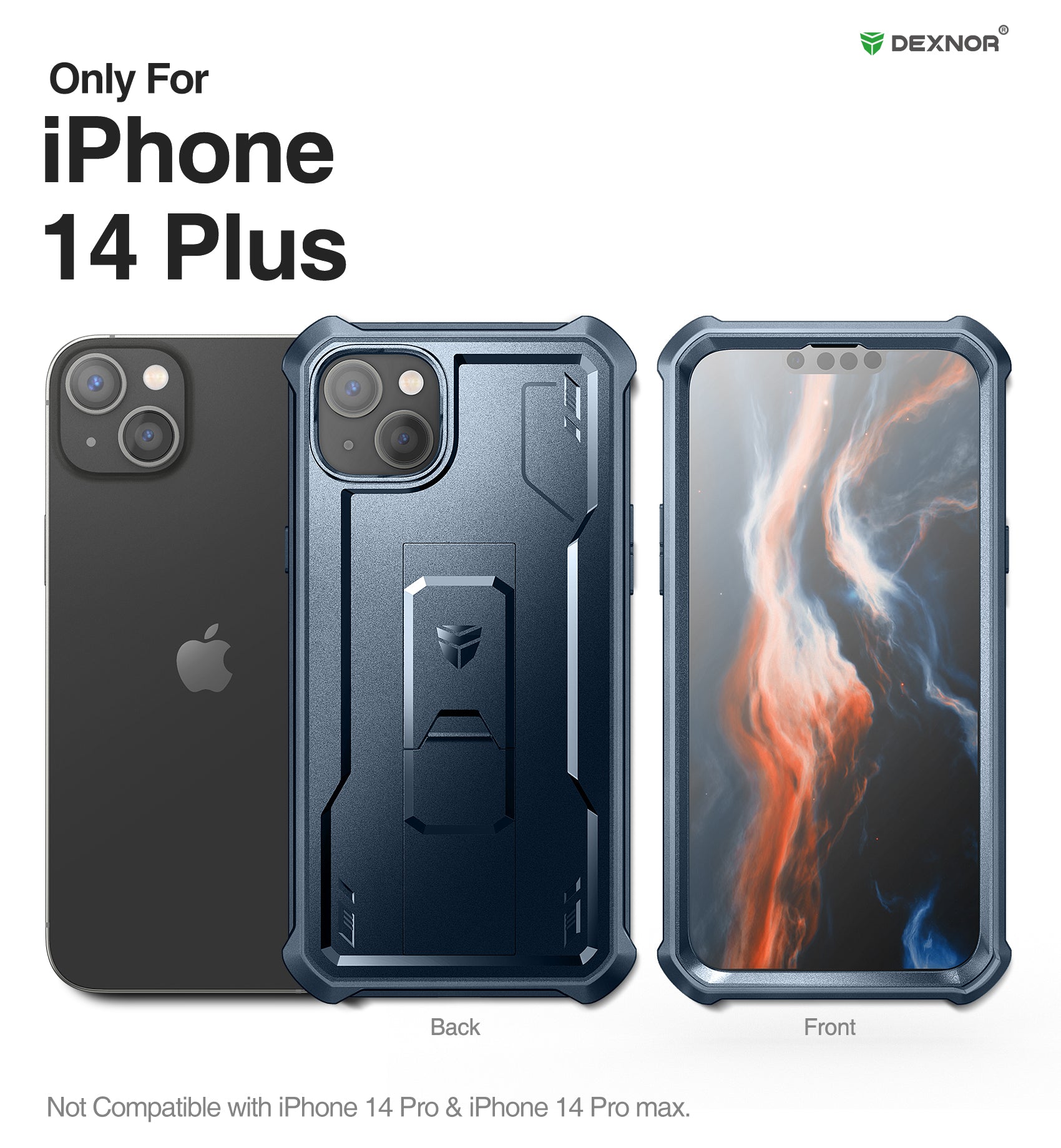 Dexnor for iphone 14 Plus Case With Heavy-duty Shockproof Full Body Built-in Screen Protector Adjustable Kickstand