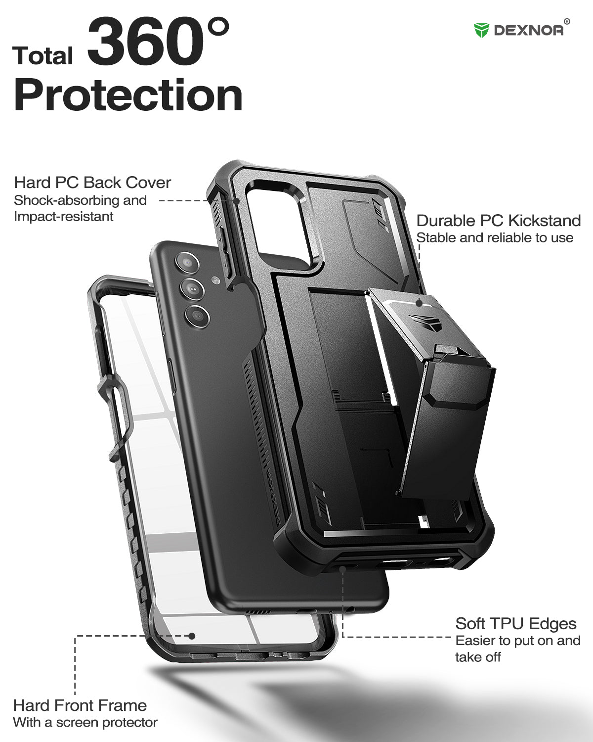Dexnor Case for Samsung Galaxy A13 5G With Single Screen Protector Full Body Bumper Kickstand Heavy-duty Shockproof Rugged Cover.