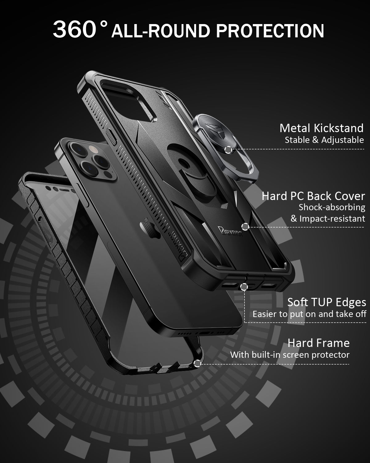 Dexnor for iphone 12 Pro Max Case With Heavy-duty Shockproof Full Body Built-in Screen Protector Adjustable Kickstand