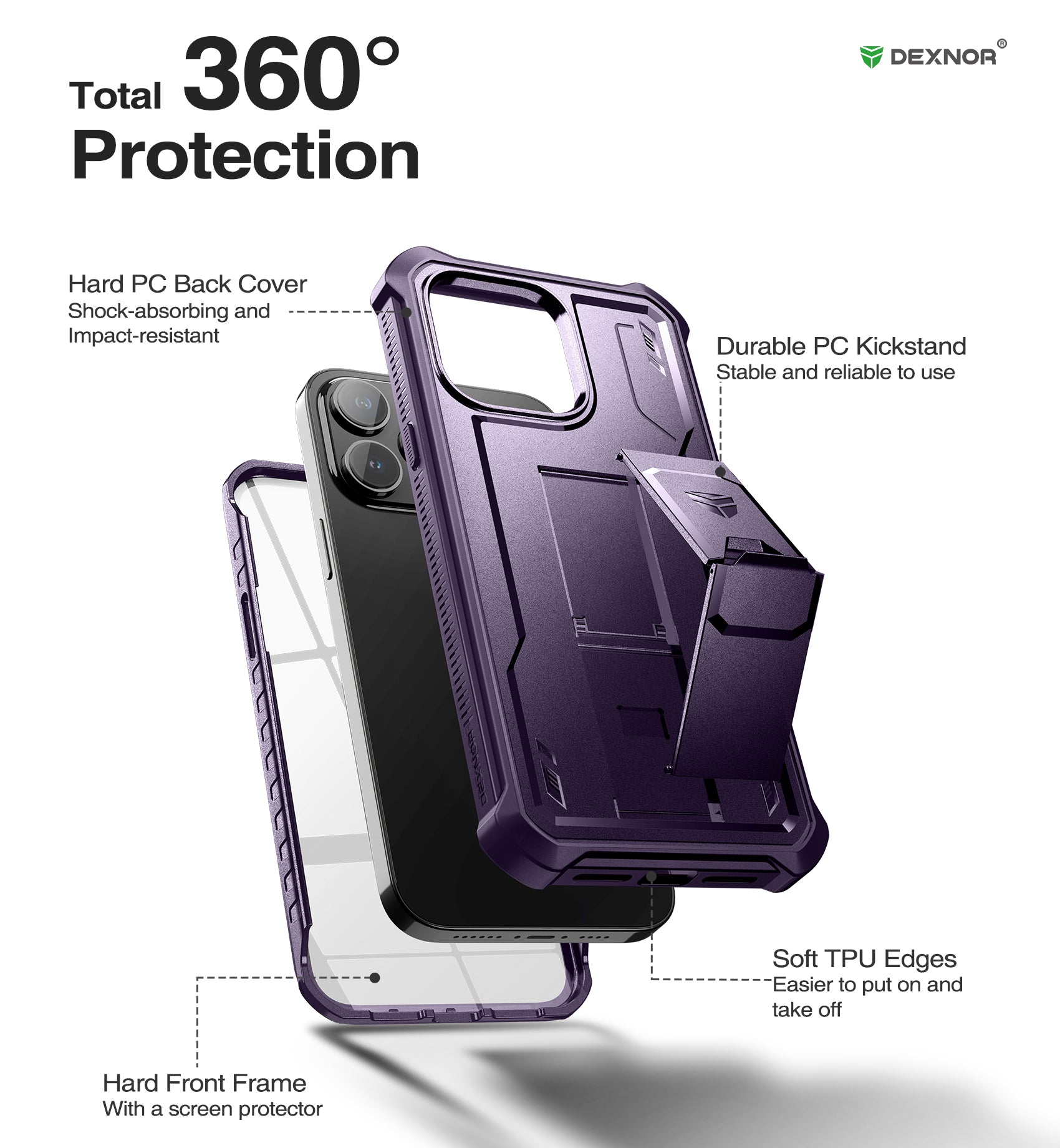 Dexnor for iphone 14 Pro Max Case  Heavy-duty Shockproof Full Body Built-in Screen Protector Adjustable Kickstand