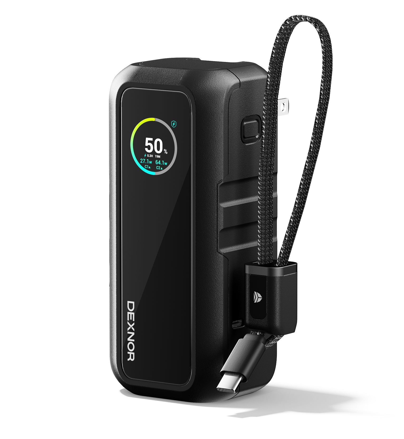 Dexnor 3-in-1 Power Bank 15,000mAh Battery Pack with 65W Output Foldable AC Plug Built-in USB Handle Cable Support PD3.0 PPS Fast Charging Sleek Portable Charger for iPhone Samsung etc