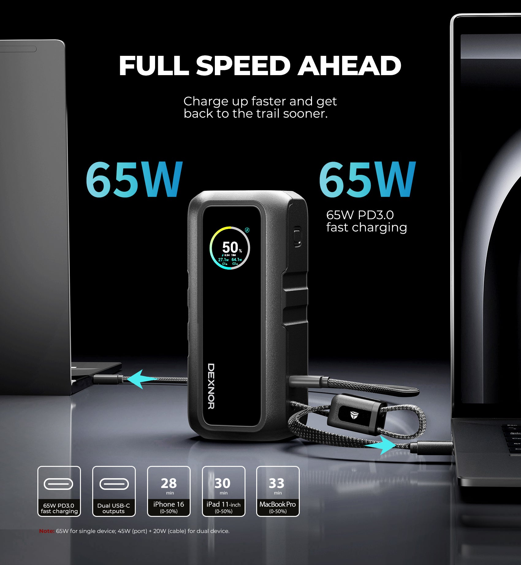 Dexnor 3-in-1 Power Bank 15,000mAh Battery Pack with 65W Output Foldable AC Plug Built-in USB Handle Cable Support PD3.0 PPS Fast Charging Sleek Portable Charger for iPhone Samsung etc