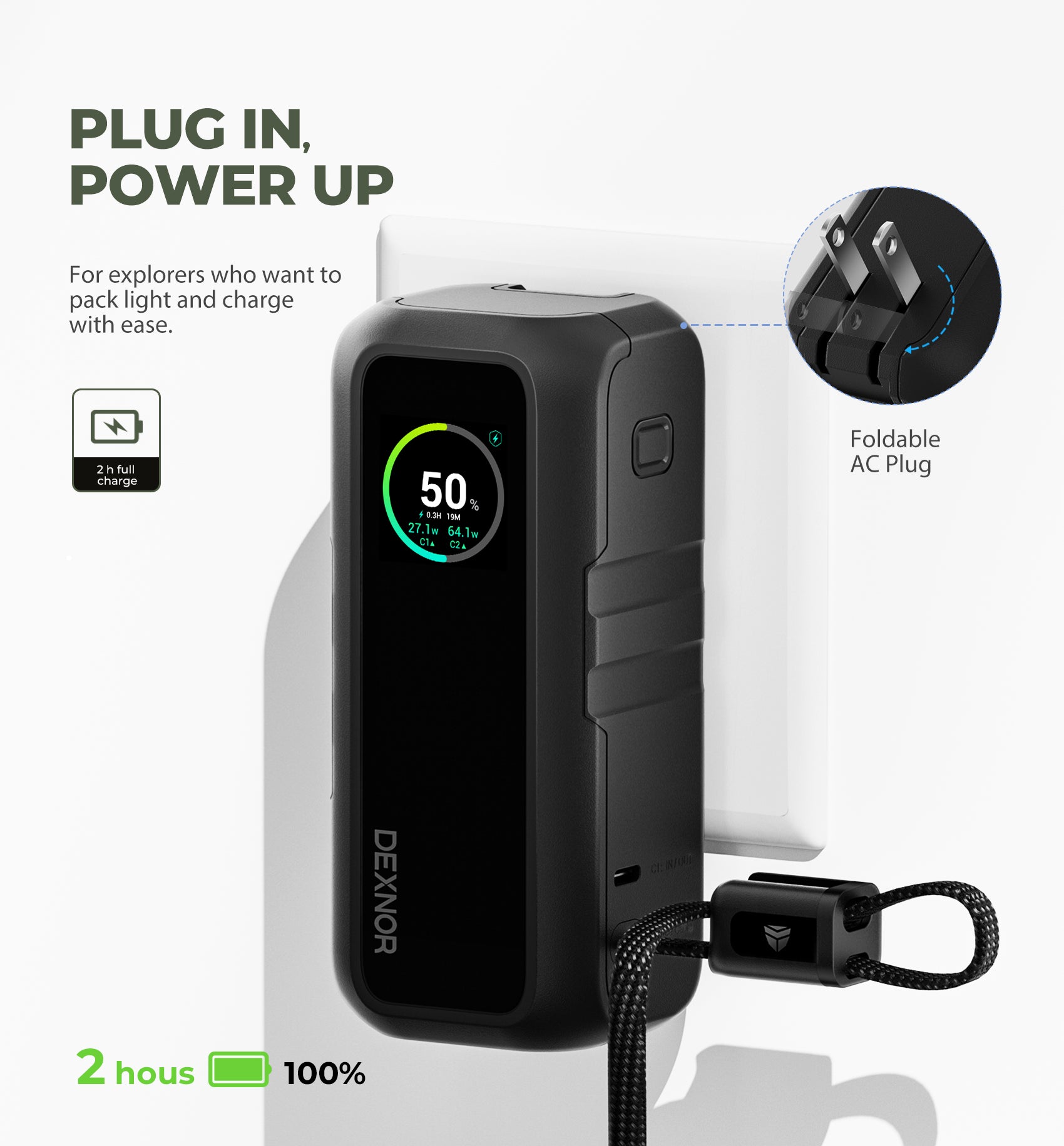 Dexnor 3-in-1 Power Bank 15,000mAh Battery Pack with 65W Output Foldable AC Plug Built-in USB Handle Cable Support PD3.0 PPS Fast Charging Sleek Portable Charger for iPhone Samsung etc