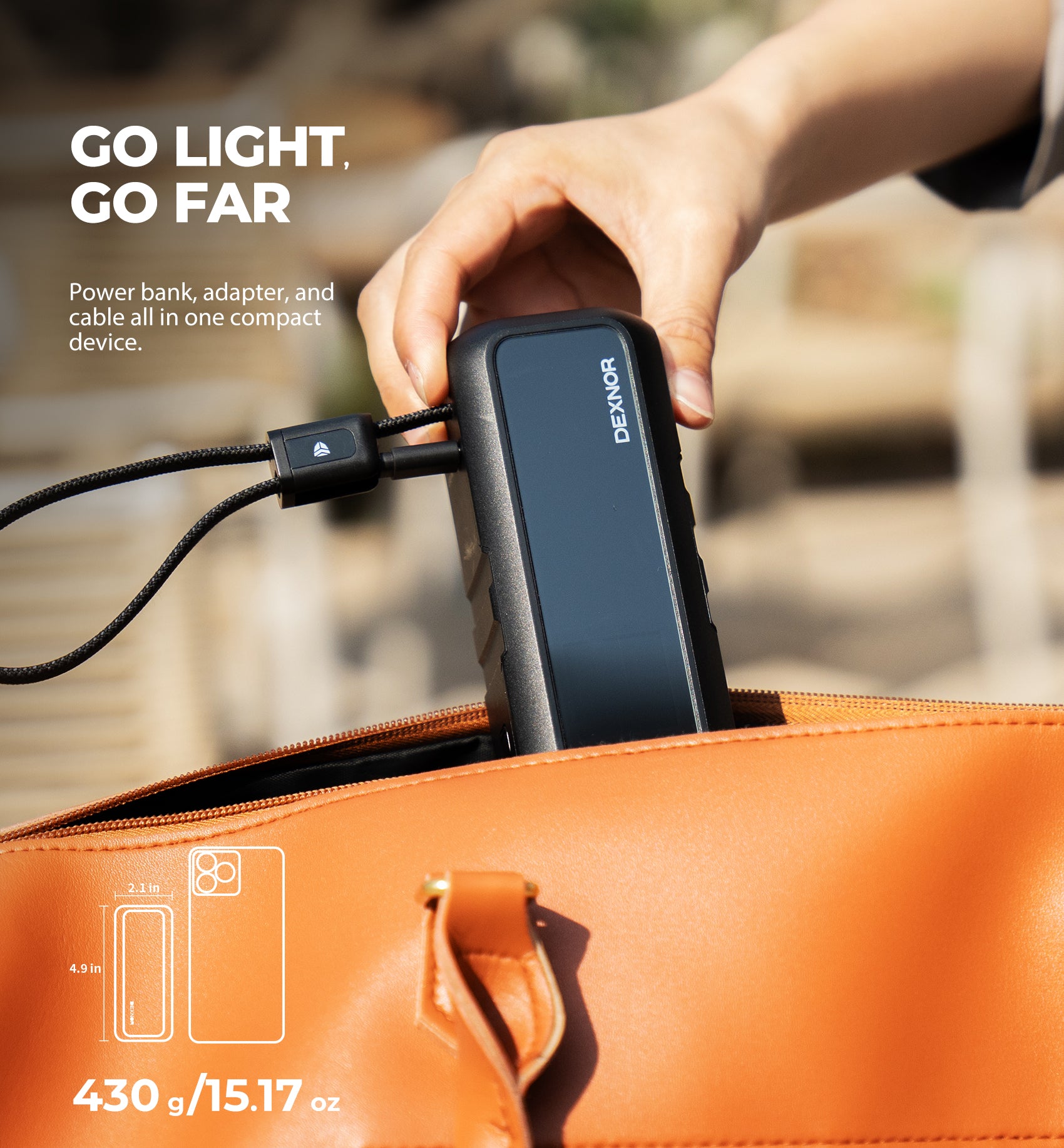 Dexnor 3-in-1 Power Bank 15,000mAh Battery Pack with 65W Output Foldable AC Plug Built-in USB Handle Cable Support PD3.0 PPS Fast Charging Sleek Portable Charger for iPhone Samsung etc