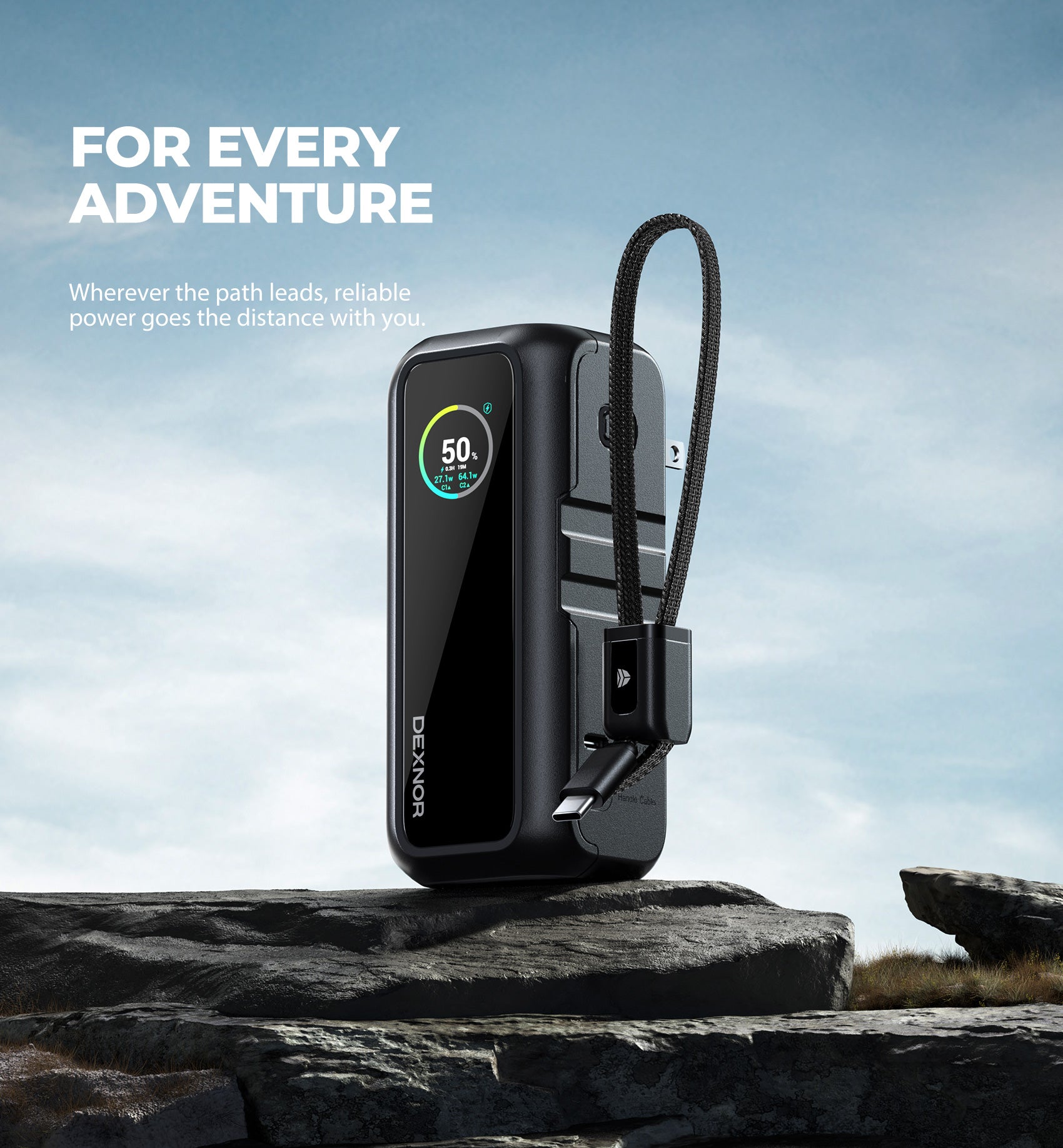 Dexnor 3-in-1 Power Bank 15,000mAh Battery Pack with 65W Output Foldable AC Plug Built-in USB Handle Cable Support PD3.0 PPS Fast Charging Sleek Portable Charger for iPhone Samsung etc