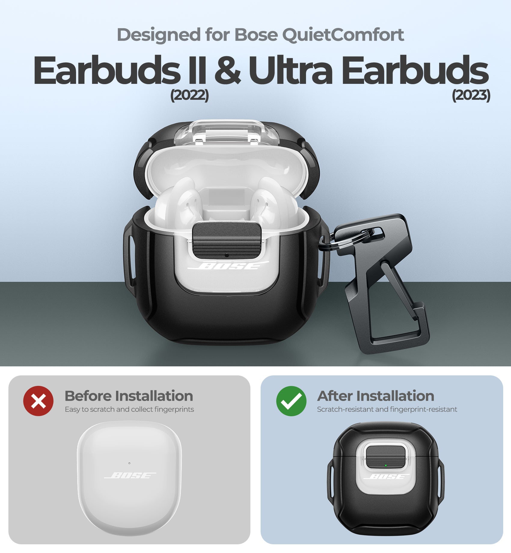 Dexnor Case for Bose QuietComfort Earbuds 2nd Gen 2022  Secure Lock Clip Rugged  with Carabiner Keyring