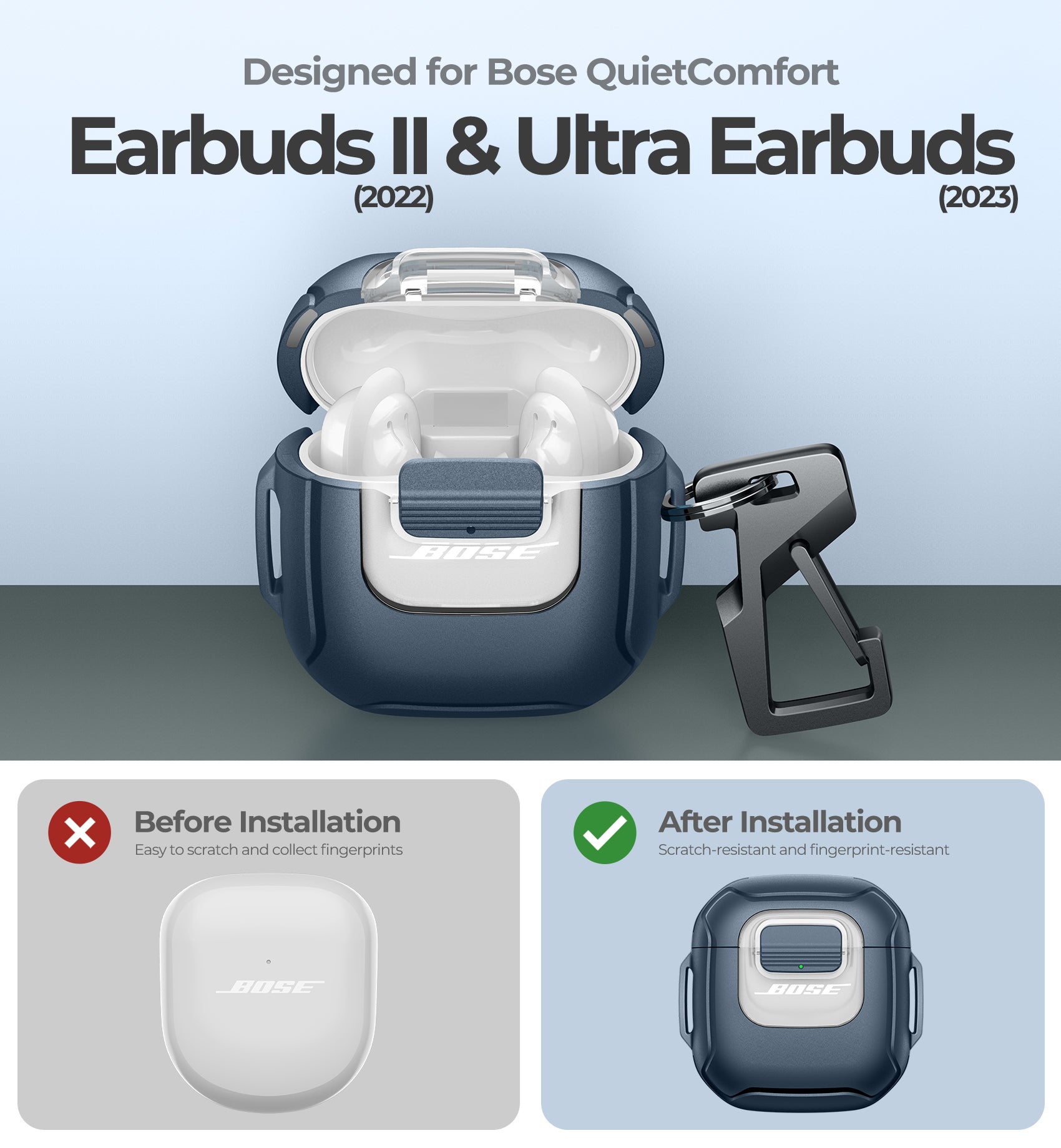 Dexnor Case for Bose QuietComfort Earbuds 2nd Gen 2022  Secure Lock Clip Rugged  with Carabiner Keyring