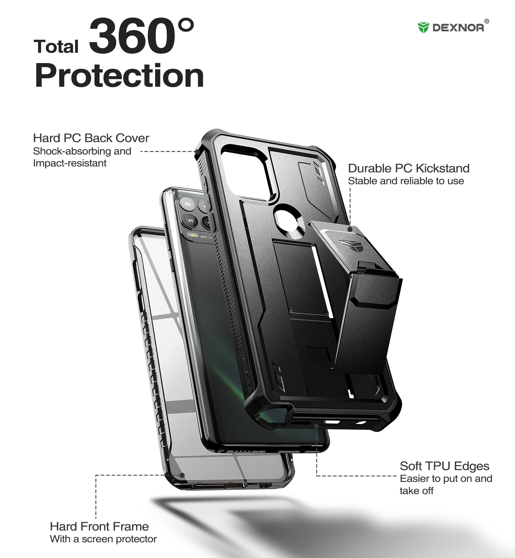 Dexnor Case for Motorola Moto G Stylus 5G 2021 Built in Screen Protector and Kickstand Heavy Duty Military Grade Protection Shockproof Protective Cover