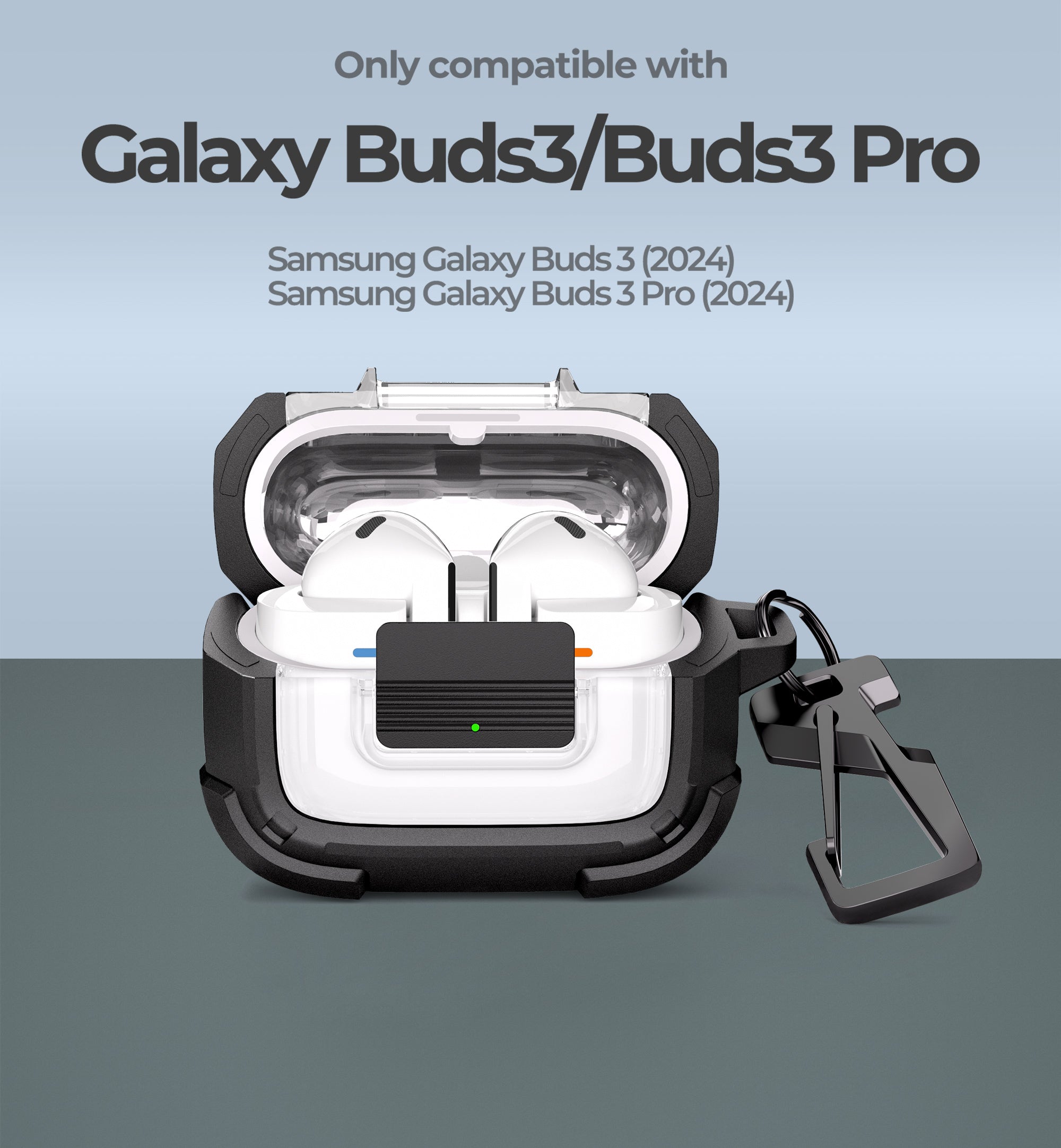 Dexnor Case for Samsung Galaxy Buds3 2024 with Secure Lock Shockproof Clear Protective Cover with Carabiner Keyring