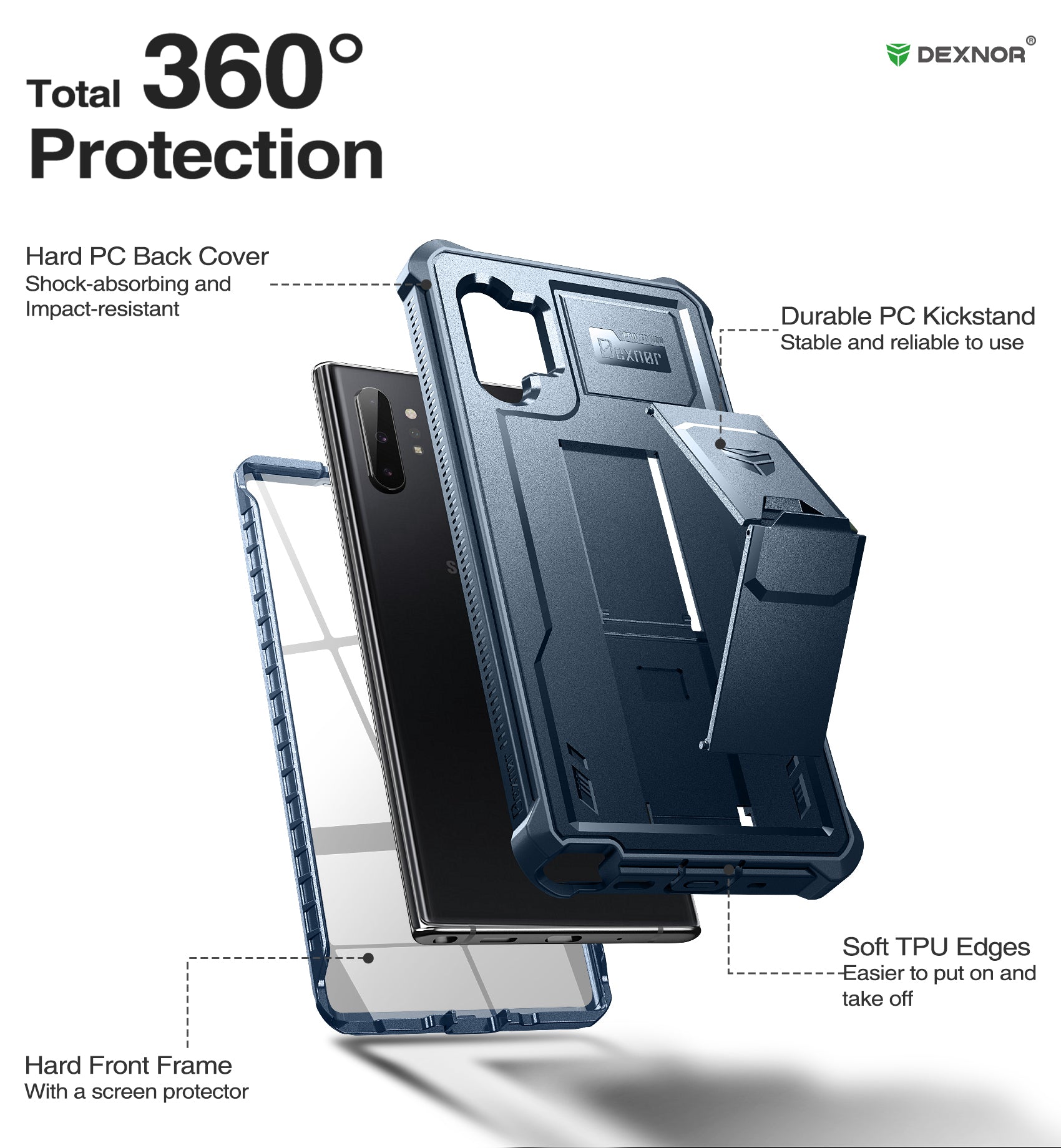 Dexnor Case for Samsung Galaxy Note 10 Plus Built in Screen Protector and Kickstand Heavy Duty Military Grade Protection Shockproof Protective Cover