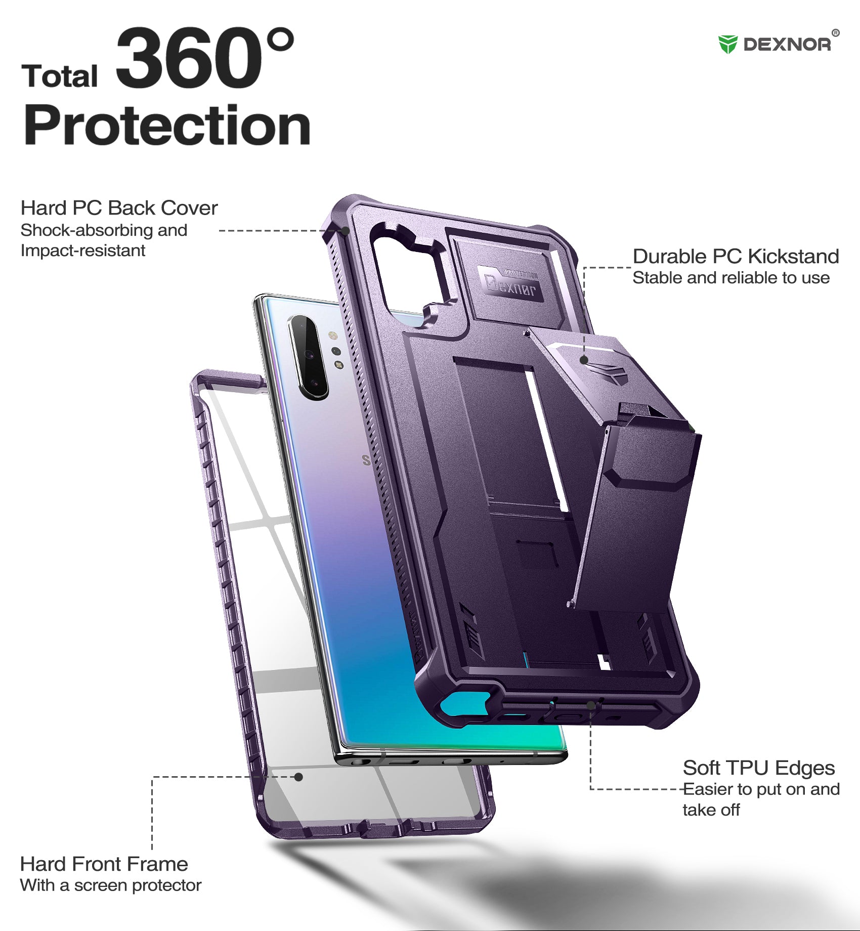 Dexnor Case for Samsung Galaxy Note 10 Plus Built in Screen Protector and Kickstand Heavy Duty Military Grade Protection Shockproof Protective Cover