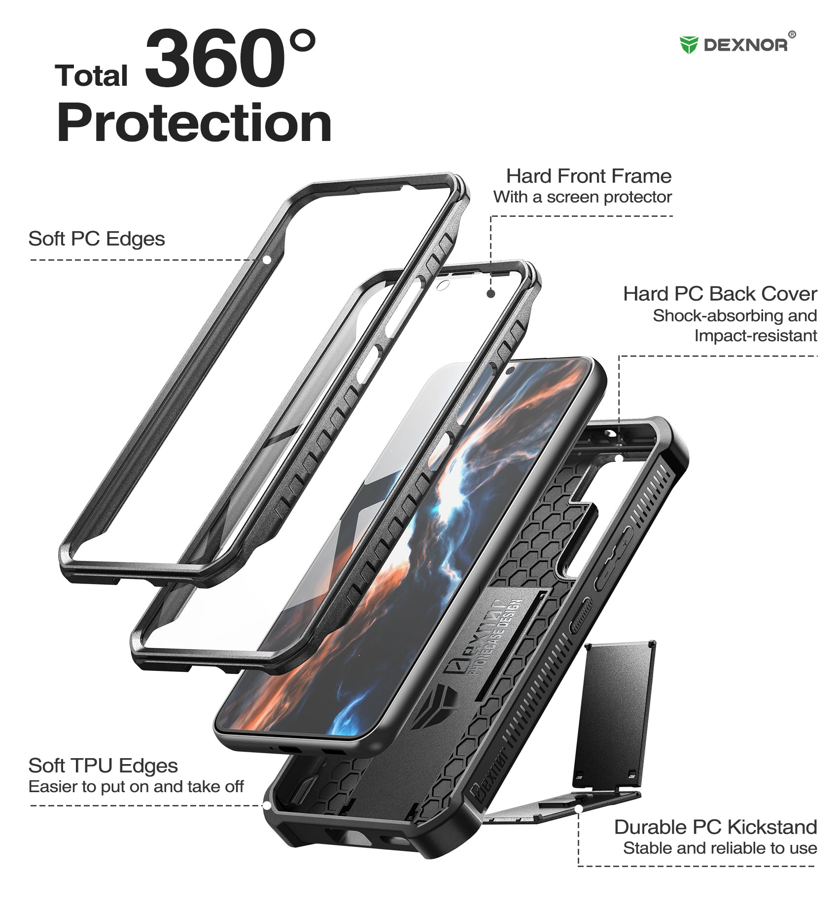 Dexnor Case for Samsung Galaxy S22 5G 6.1 inches Extra Front Frame Heavy Duty Military Grade Protection Built-in Screen Protector and Kickstand Full Body