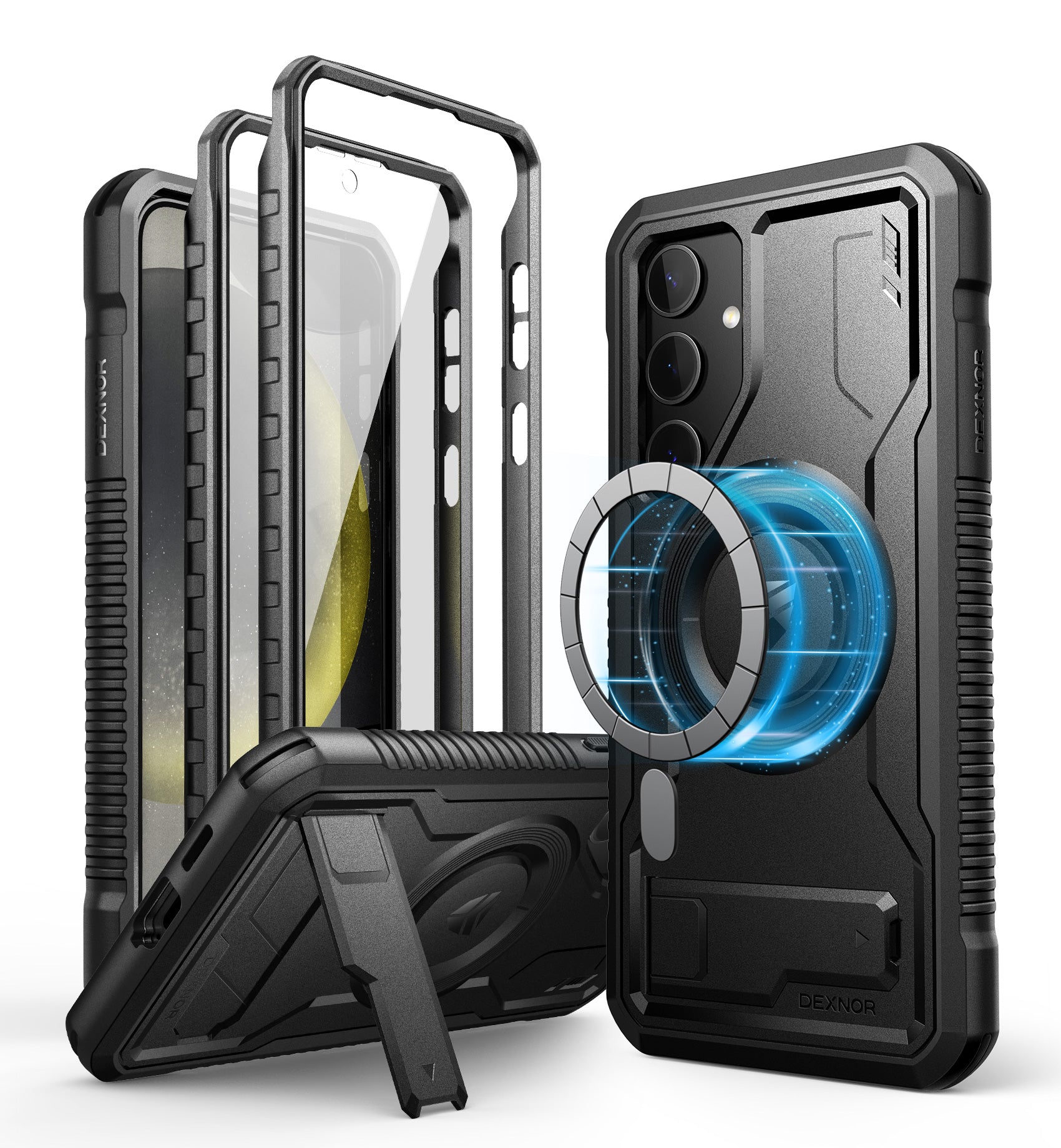 Dexnor Case for Samsung Galaxy S24 Plus with Kickstand 2 Front Frames Built-in Screen Protector Compatible with Magsafe Magnetic Bumper Rugged Shockproof Full-Body Protective Cover