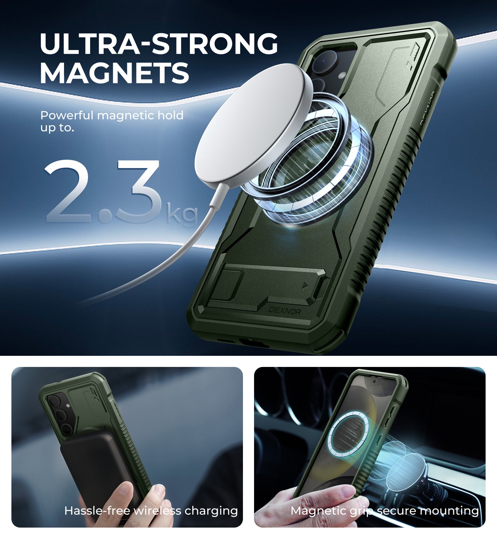 Dexnor Case for Samsung Galaxy S24 Plus with Kickstand 2 Front Frames Built-in Screen Protector Compatible with Magsafe Magnetic Bumper Rugged Shockproof Full-Body Protective Cover