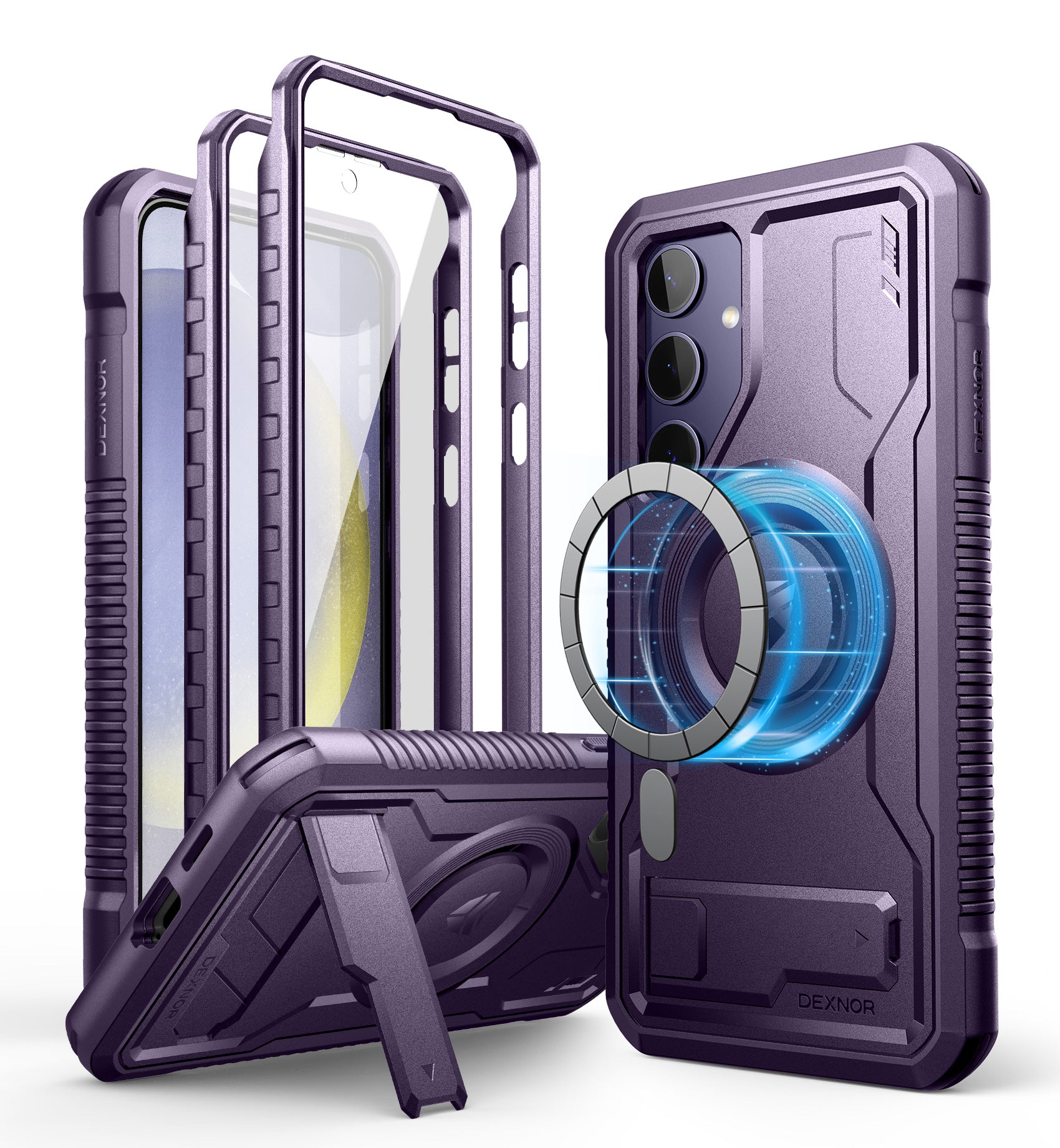 Dexnor Case for Samsung Galaxy S24 Plus with Kickstand 2 Front Frames Built-in Screen Protector Compatible with Magsafe Magnetic Bumper Rugged Shockproof Full-Body Protective Cover