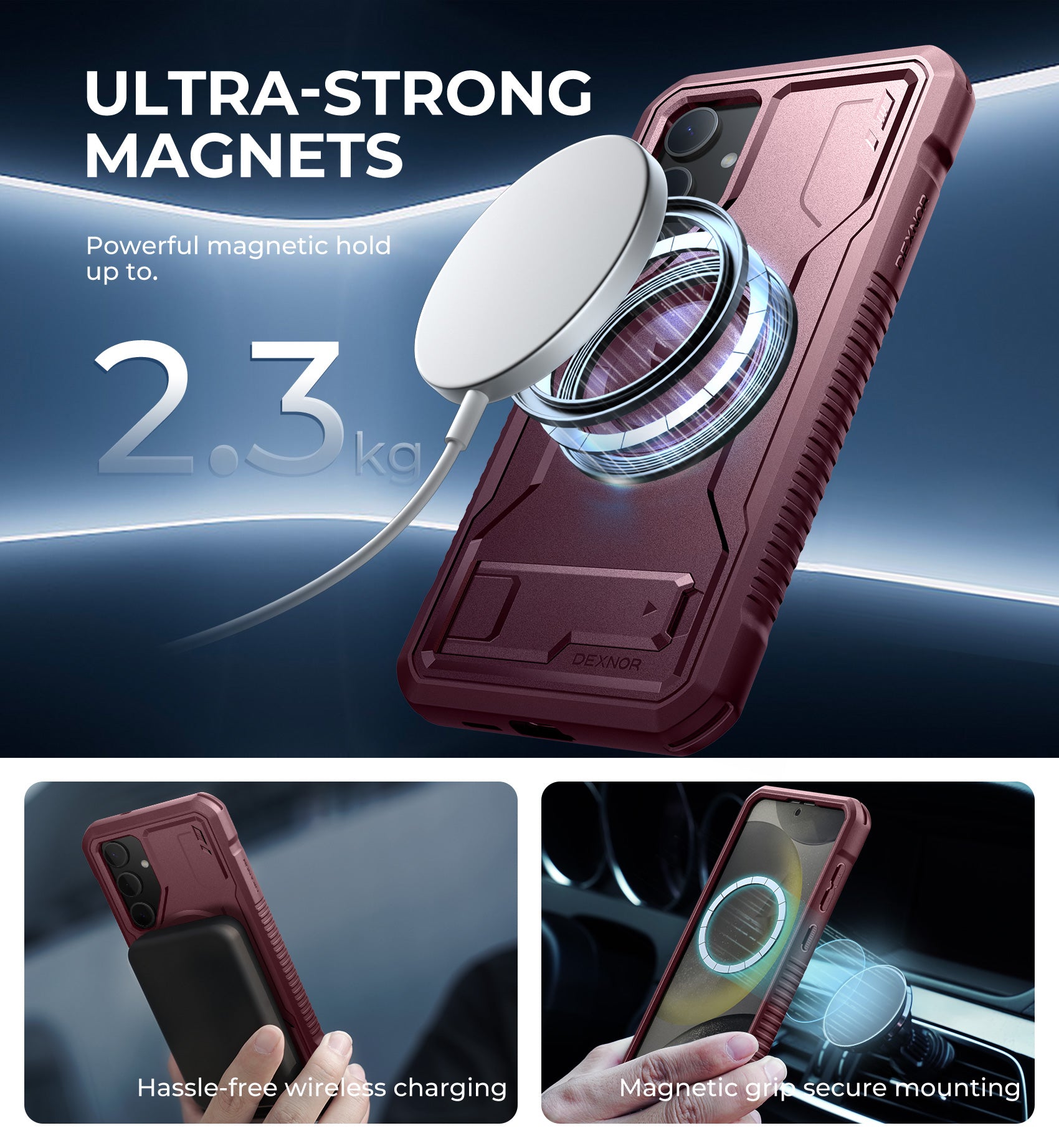 Dexnor Case for Samsung Galaxy S24 Plus with Kickstand 2 Front Frames Built-in Screen Protector Compatible with Magsafe Magnetic Bumper Rugged Shockproof Full-Body Protective Cover
