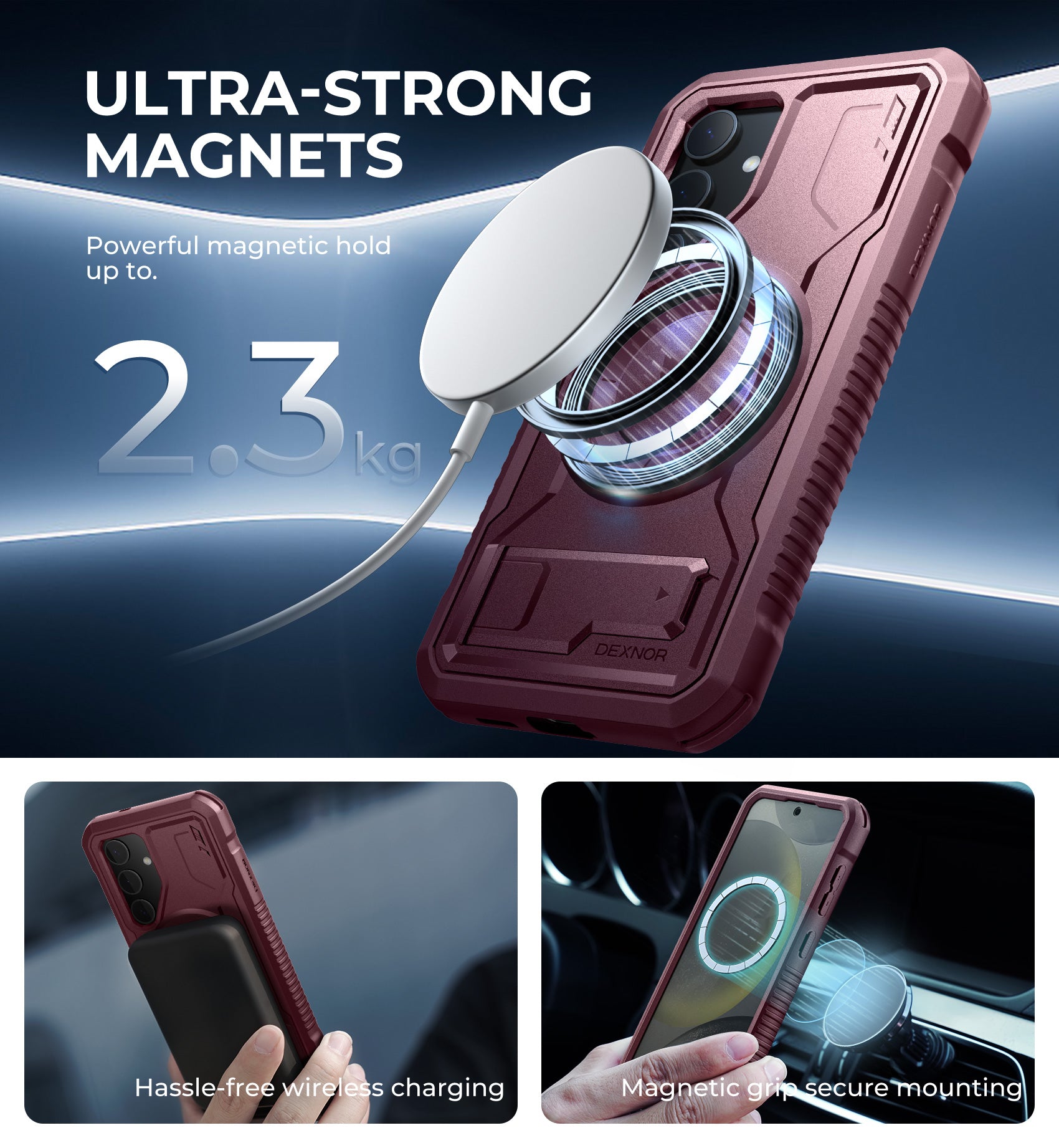 Dexnor Case for Samsung Galaxy S24 with Kickstand 2 Front Frames Built-in Screen Protector Compatible with Magsafe Rugged Shockproof Full-body Protective Cover