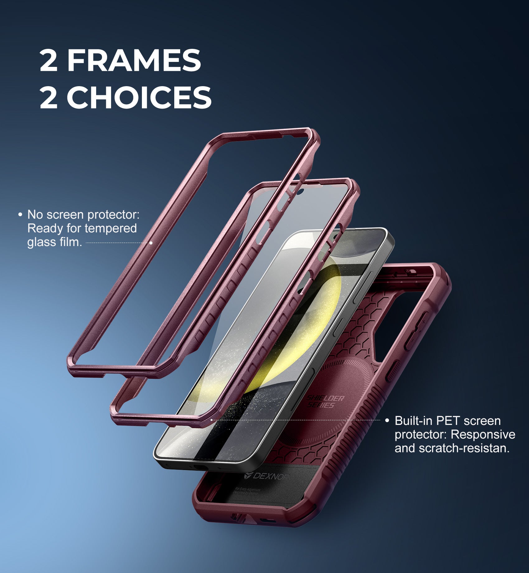 Dexnor Case for Samsung Galaxy S24 with Kickstand 2 Front Frames Built-in Screen Protector Compatible with Magsafe Rugged Shockproof Full-body Protective Cover