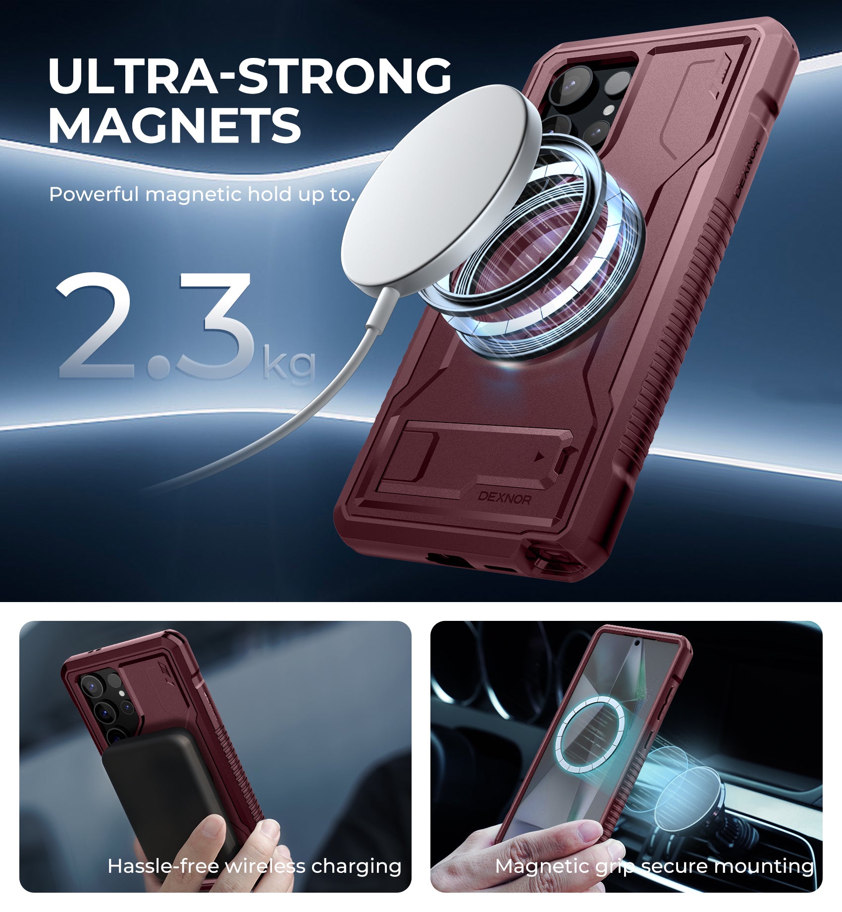 Dexnor Magnetic Case for Samsung Galaxy S24 Ultra Compatible with Magsafe 2 Front Frames Built-in Screen Protector Bumper Rugged Shockproof Full-Body Protective Cover with Kickstand