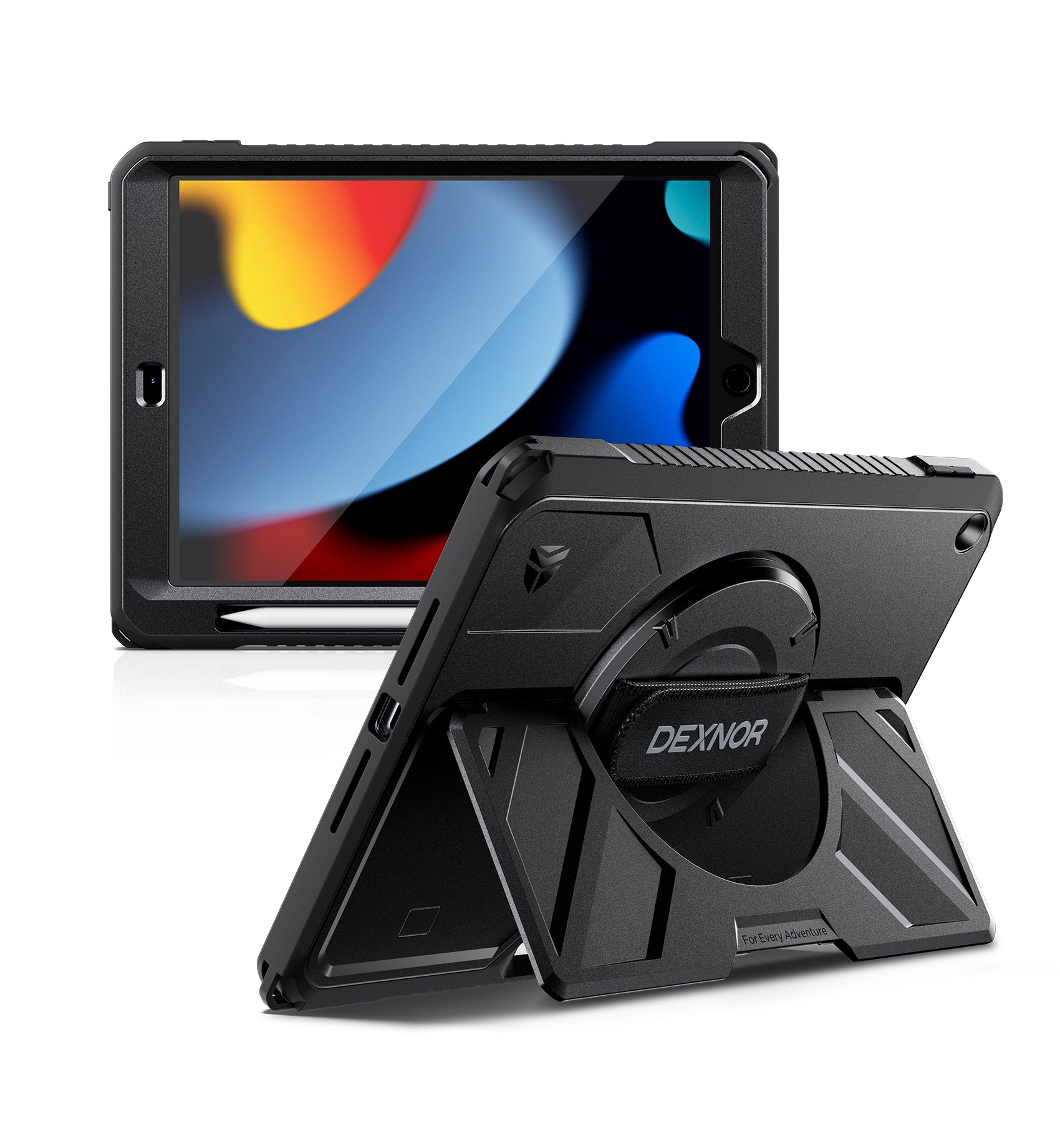 Dexnor Case for iPad 7th Generation 10.2 inch Rugged Protective Case with 360° Rotating Hand Strap Large Stand Screen Protector Pencil Holder Shockproof Full Body Bumper Cover
