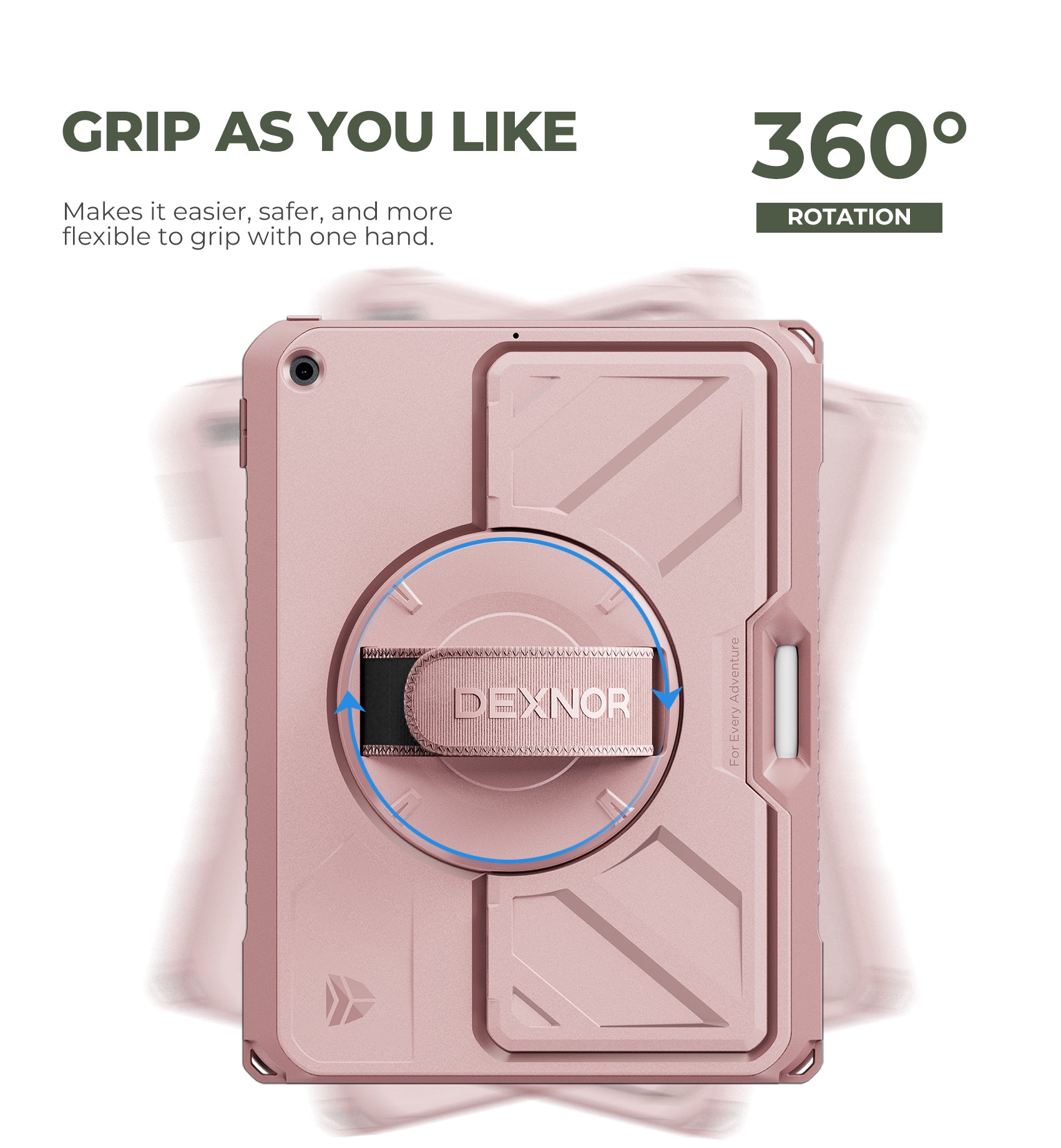 Dexnor Case for iPad 8th Generation 10.2 inch Rugged Protective Case with 360° Rotating Hand Strap Large Stand Screen Protector Pencil Holder Shockproof Full Body Bumper Cover