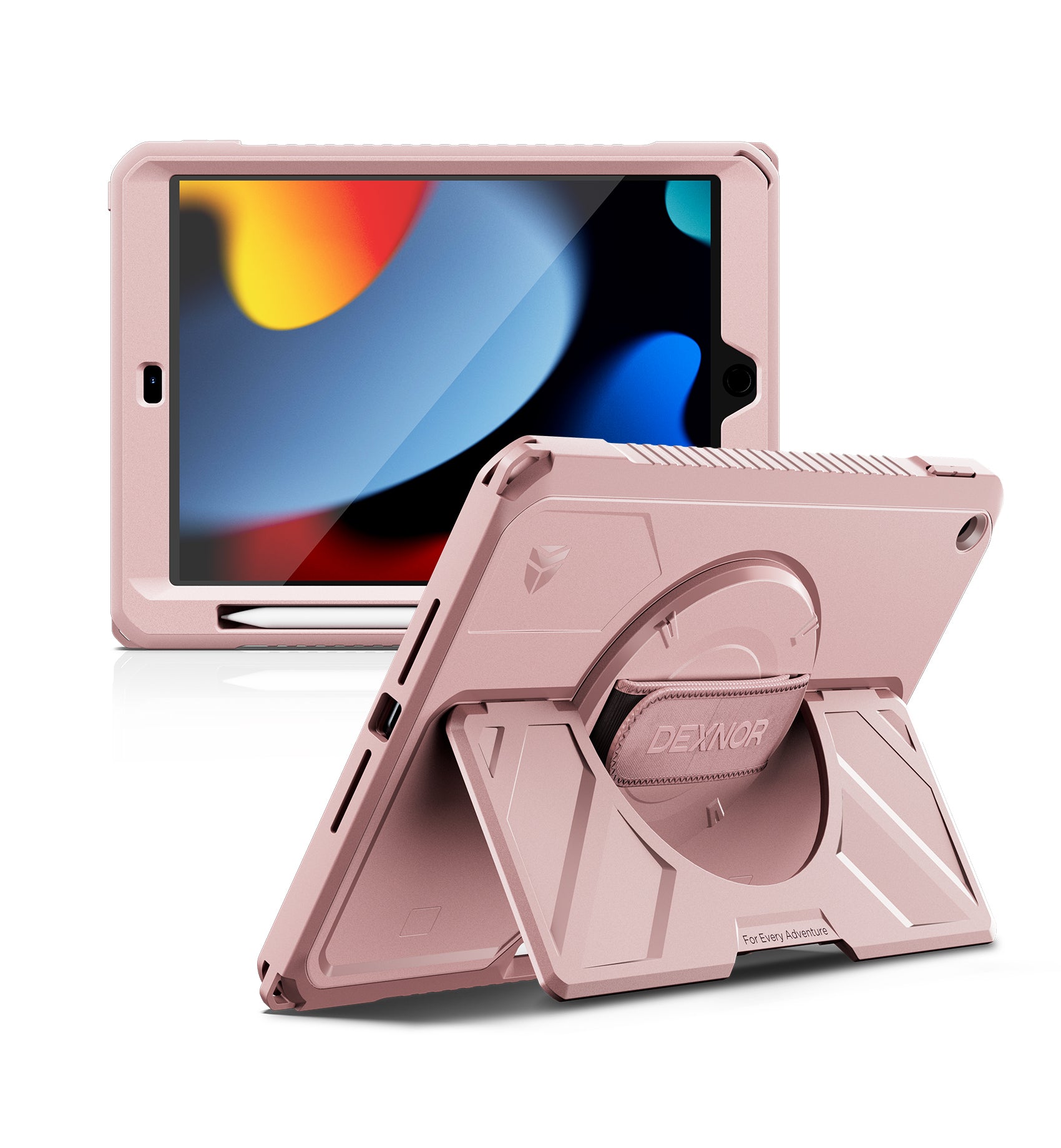 Dexnor Case for iPad 9th Generation 10.2 inch Rugged Protective Case with 360° Rotating Hand Strap Large Stand Screen Protector Pencil Holder Shockproof Full Body Bumper Cover