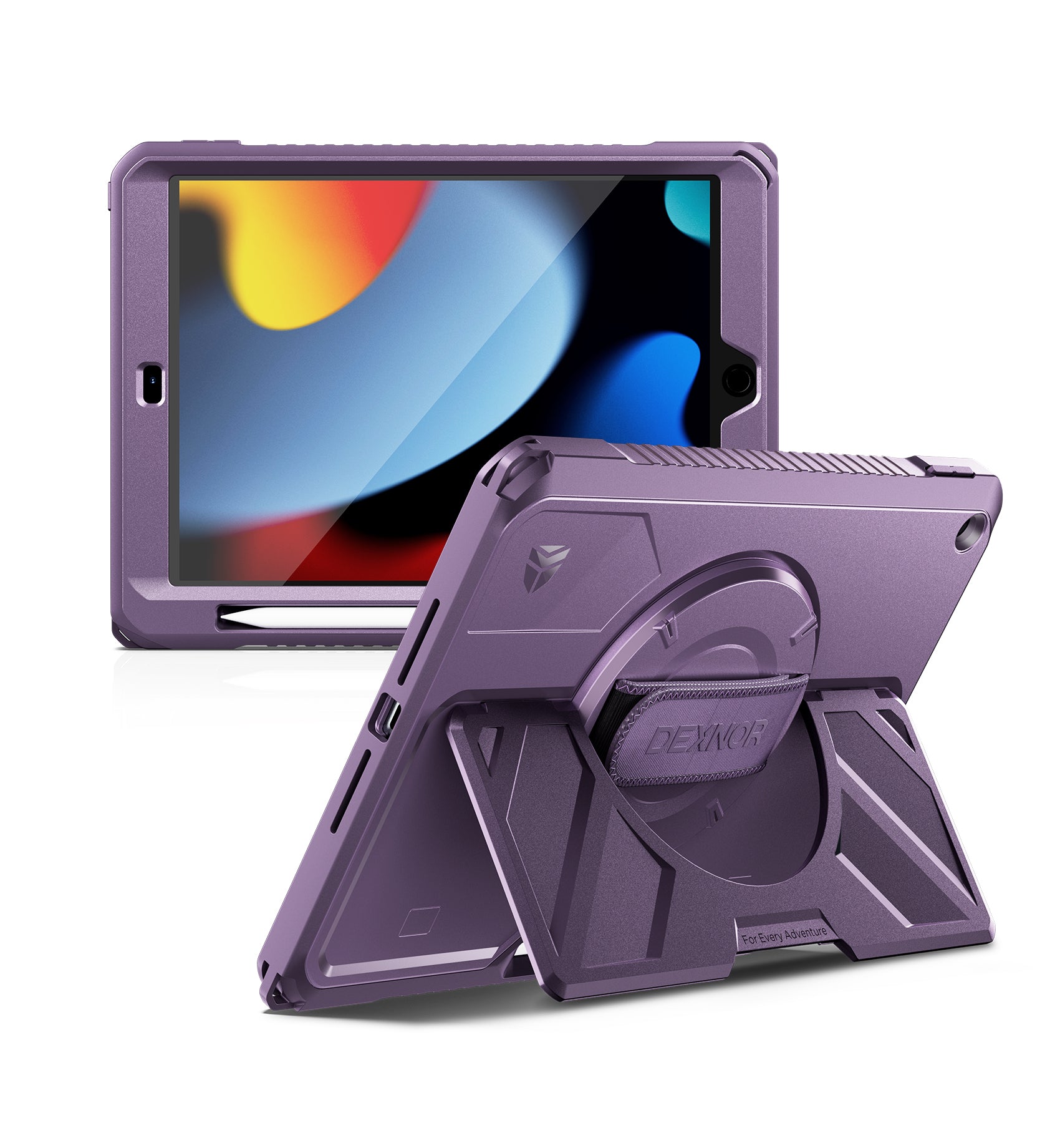 Dexnor Case for iPad 9th Generation 10.2 inch Rugged Protective Case with 360° Rotating Hand Strap Large Stand Screen Protector Pencil Holder Shockproof Full Body Bumper Cover