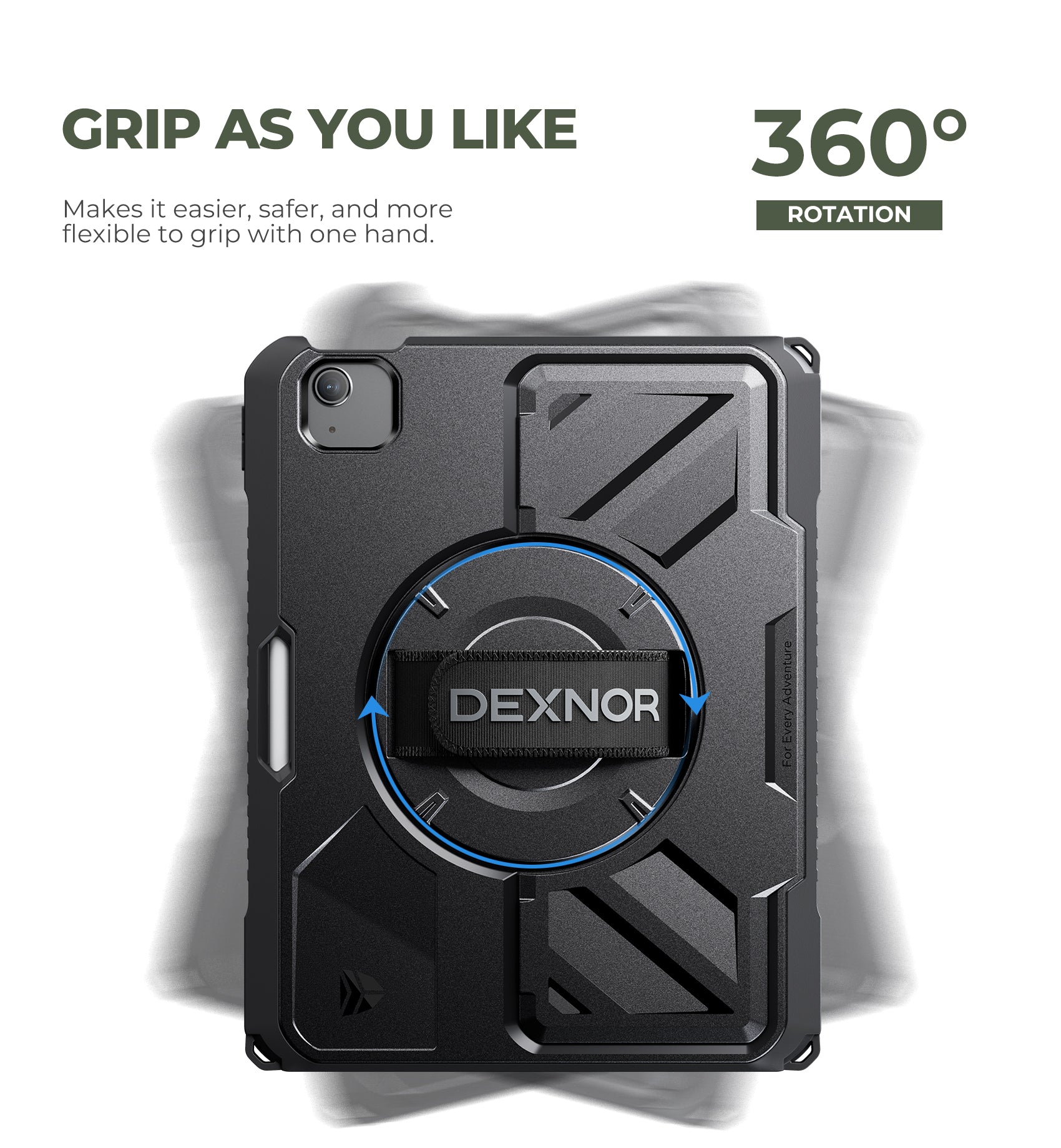 Dexnor Case for iPad Air 11 inch M2 Rugged Case with 360° Rotating Hand Strap Stand Screen Protector Pencil Holder Shockproof Full-Body Cover
