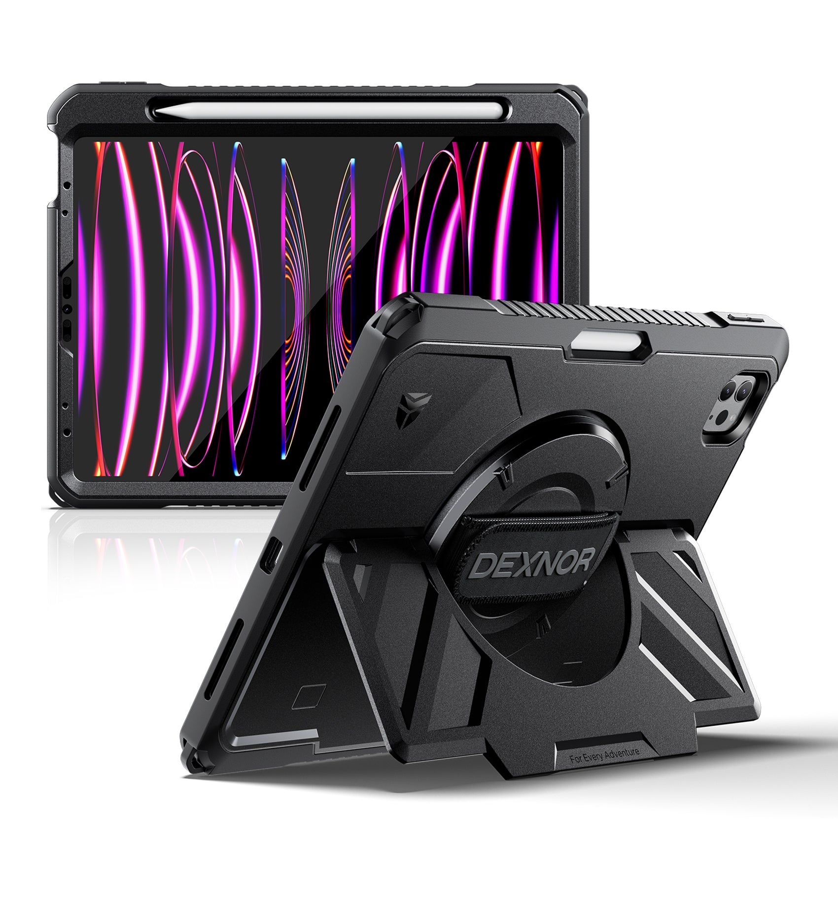 Dexnor Case for iPad Pro 11 inch 4th Gen 2022 Rugged Protective with 360° Rotating Hand Strap Stand Screen Protector Pencil Holder Shockproof Bumper Cover