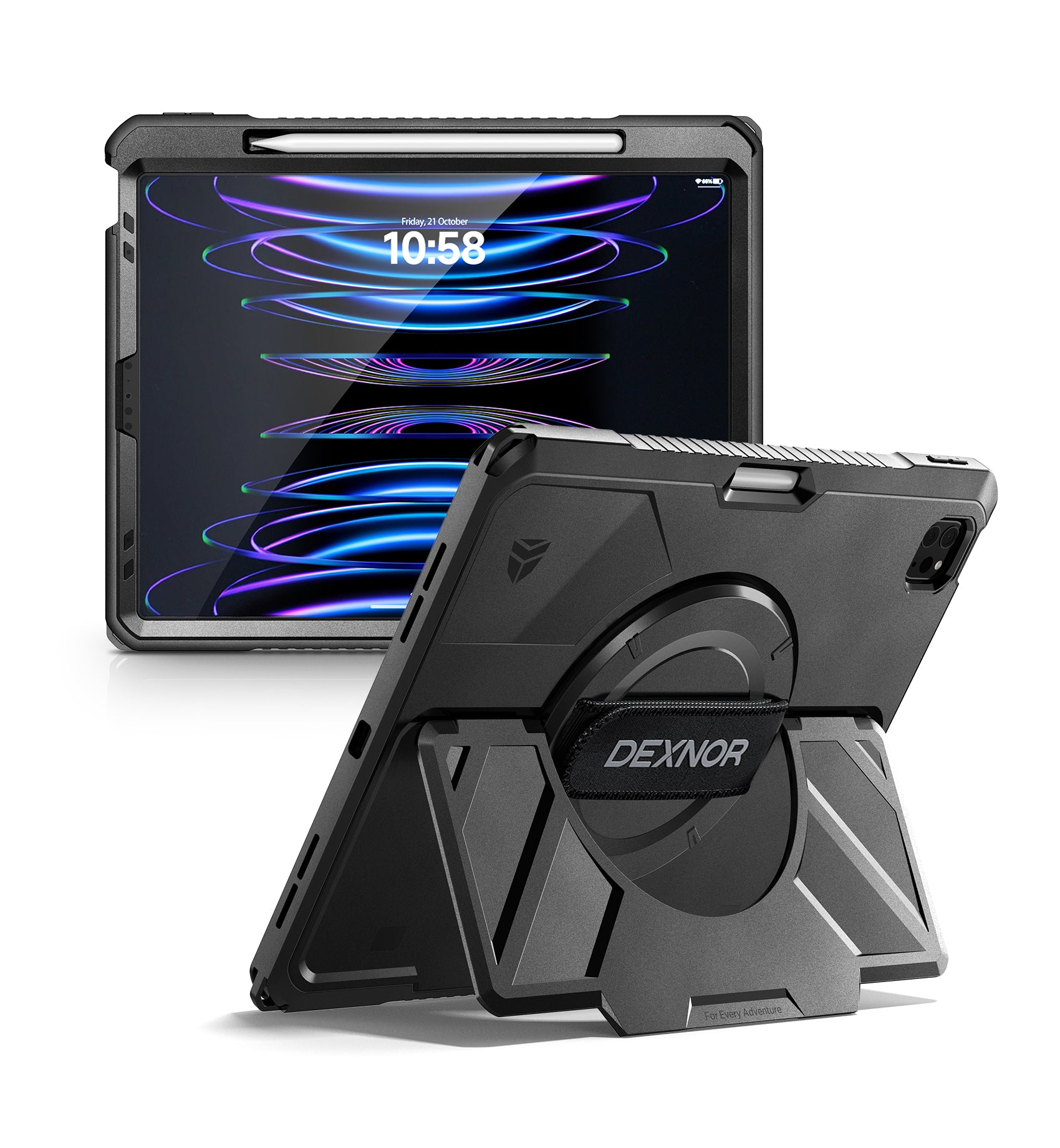 Dexnor Case for iPad Pro 12.9 inch 4th Gen 2020 Rugged Protective with 360° Rotating Hand Strap Stand Screen Protector Pencil Holder Shockproof Cover