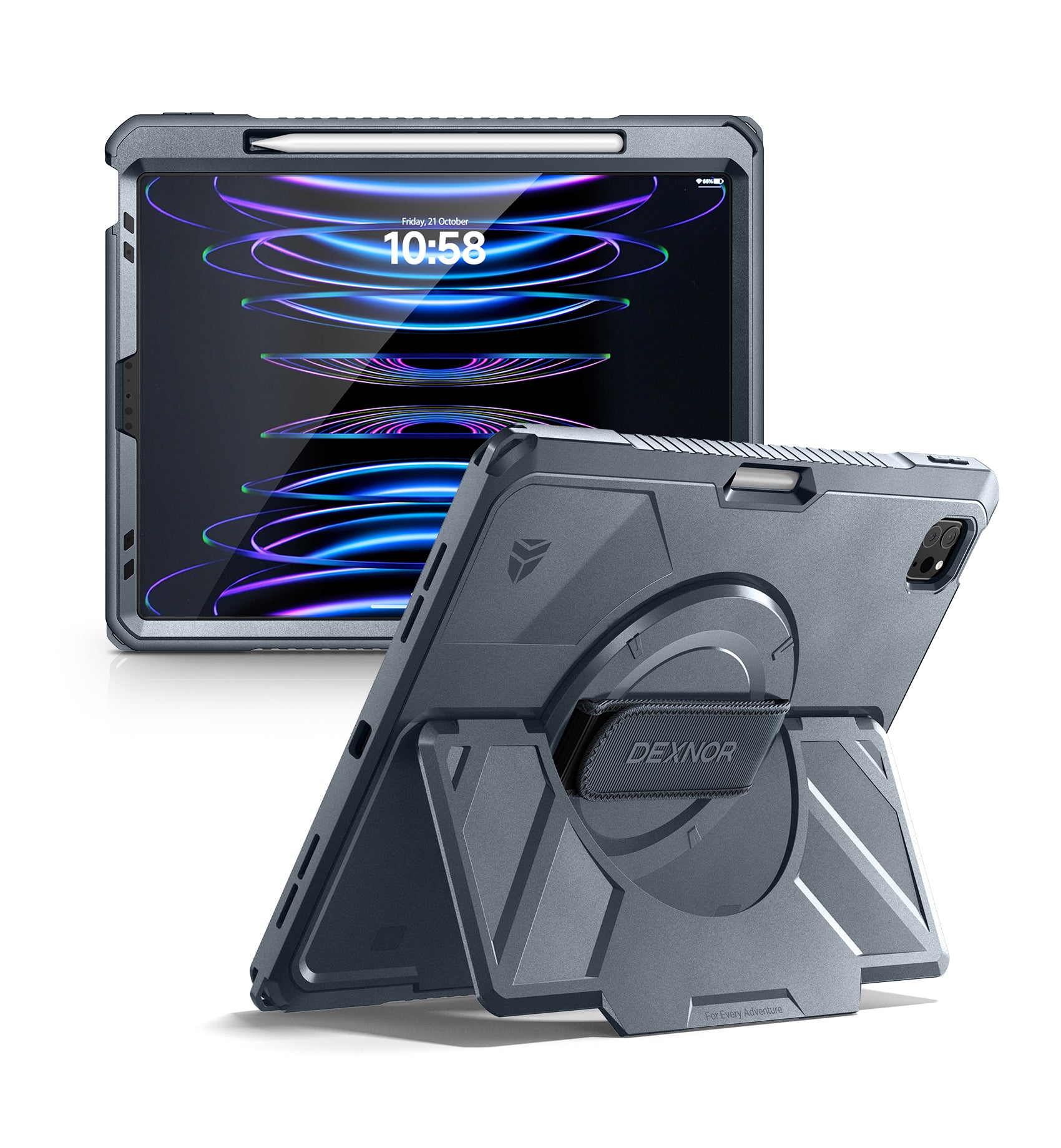 Dexnor Case for iPad Pro 12.9 inch 5th Gen 2021 Rugged Protective with 360° Rotating Hand Strap Stand Screen Protector Pencil Holder Shockproof Cover