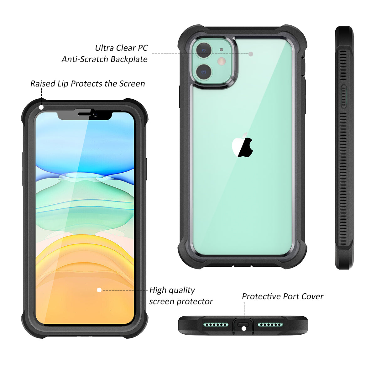 Dexnor Case for iPhone 11 with Screen Protector Clear Rugged 360 Full Body Protective Shockproof Hard Back Defender Dual Layer Heavy Duty Bumper Cover
